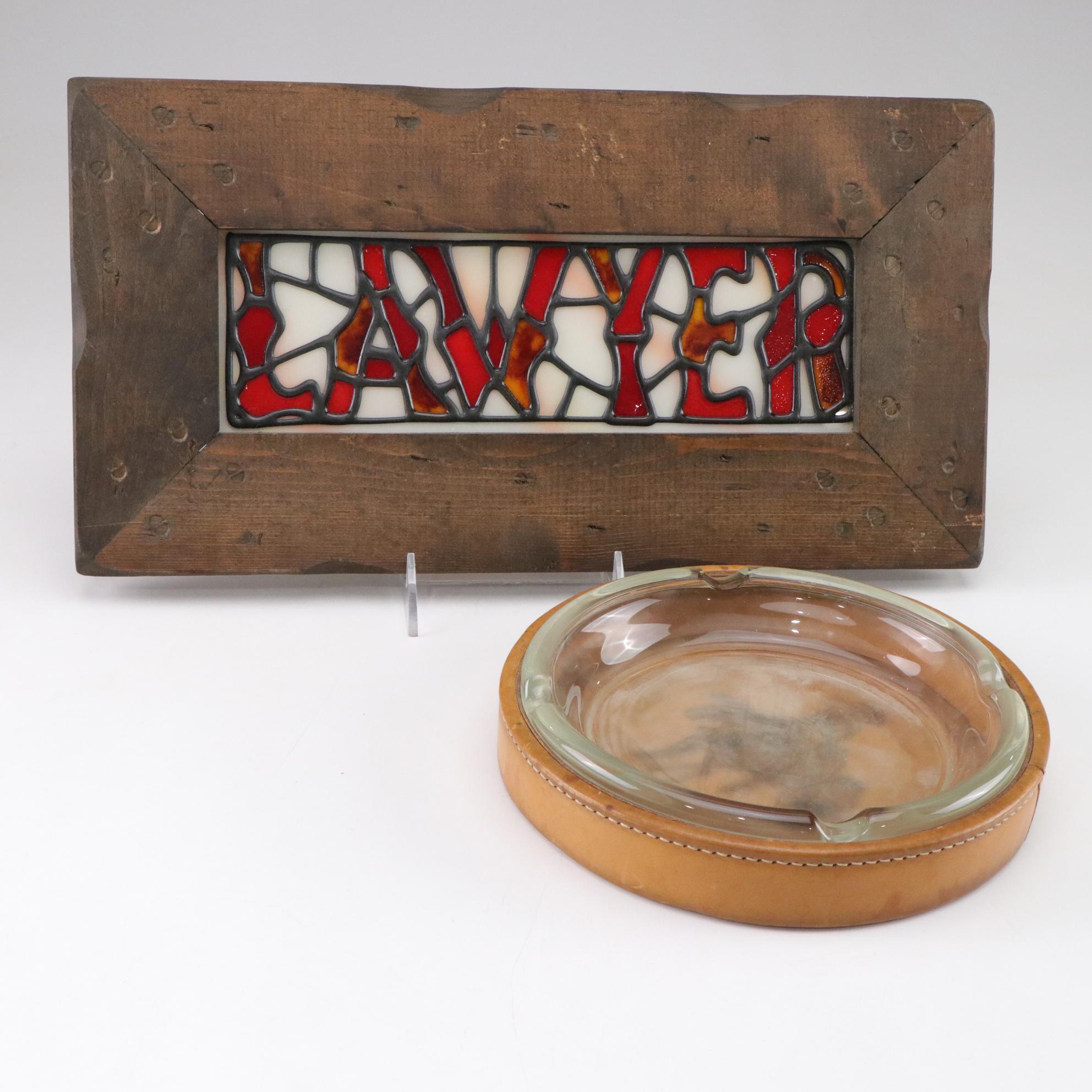 Cowboy Leather-Base Ashtray With Slag Glass Lawyer Placard