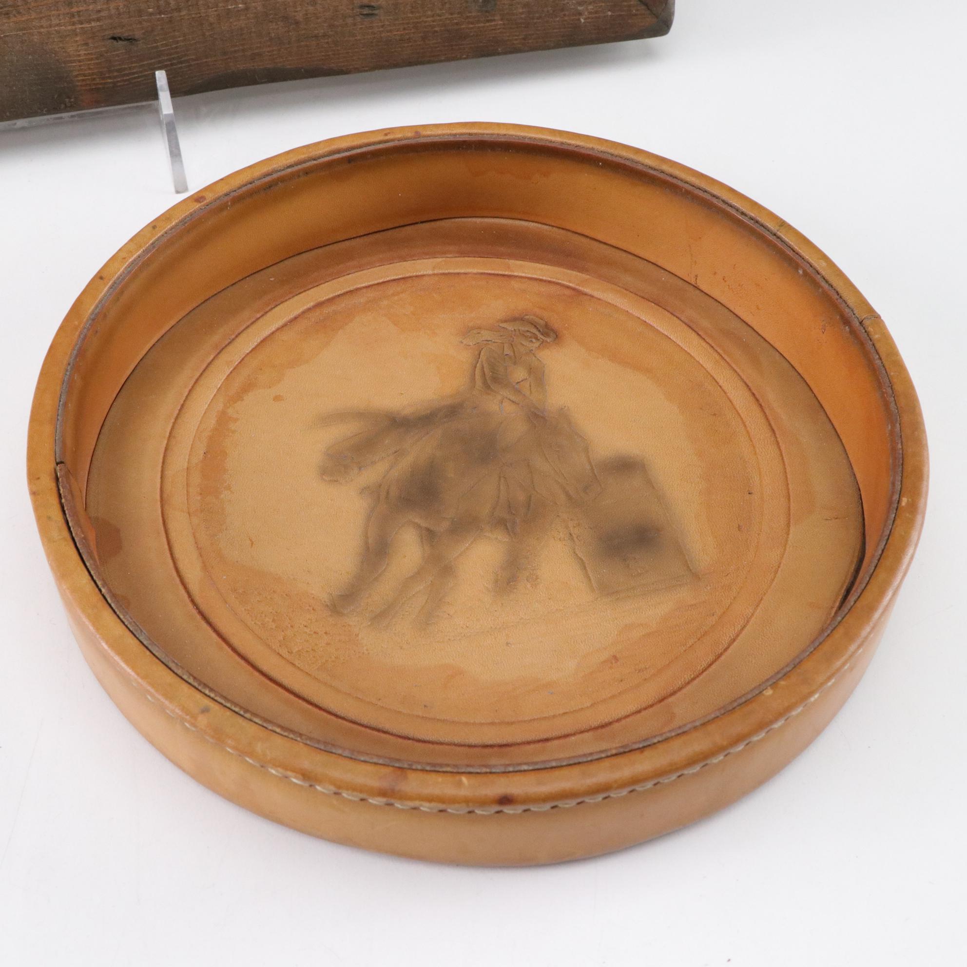 Cowboy Leather-Base Ashtray With Slag Glass Lawyer Placard