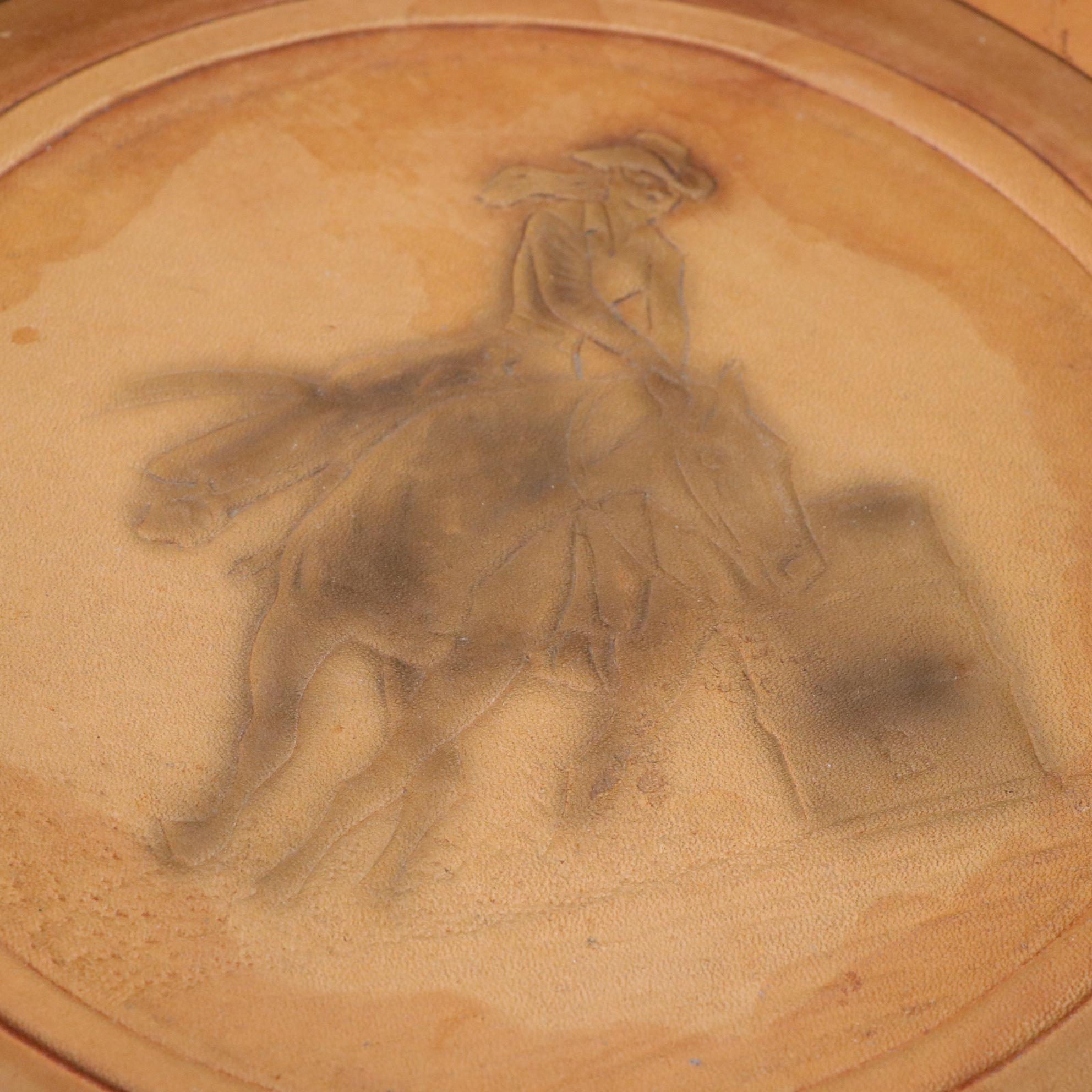 Cowboy Leather-Base Ashtray With Slag Glass Lawyer Placard