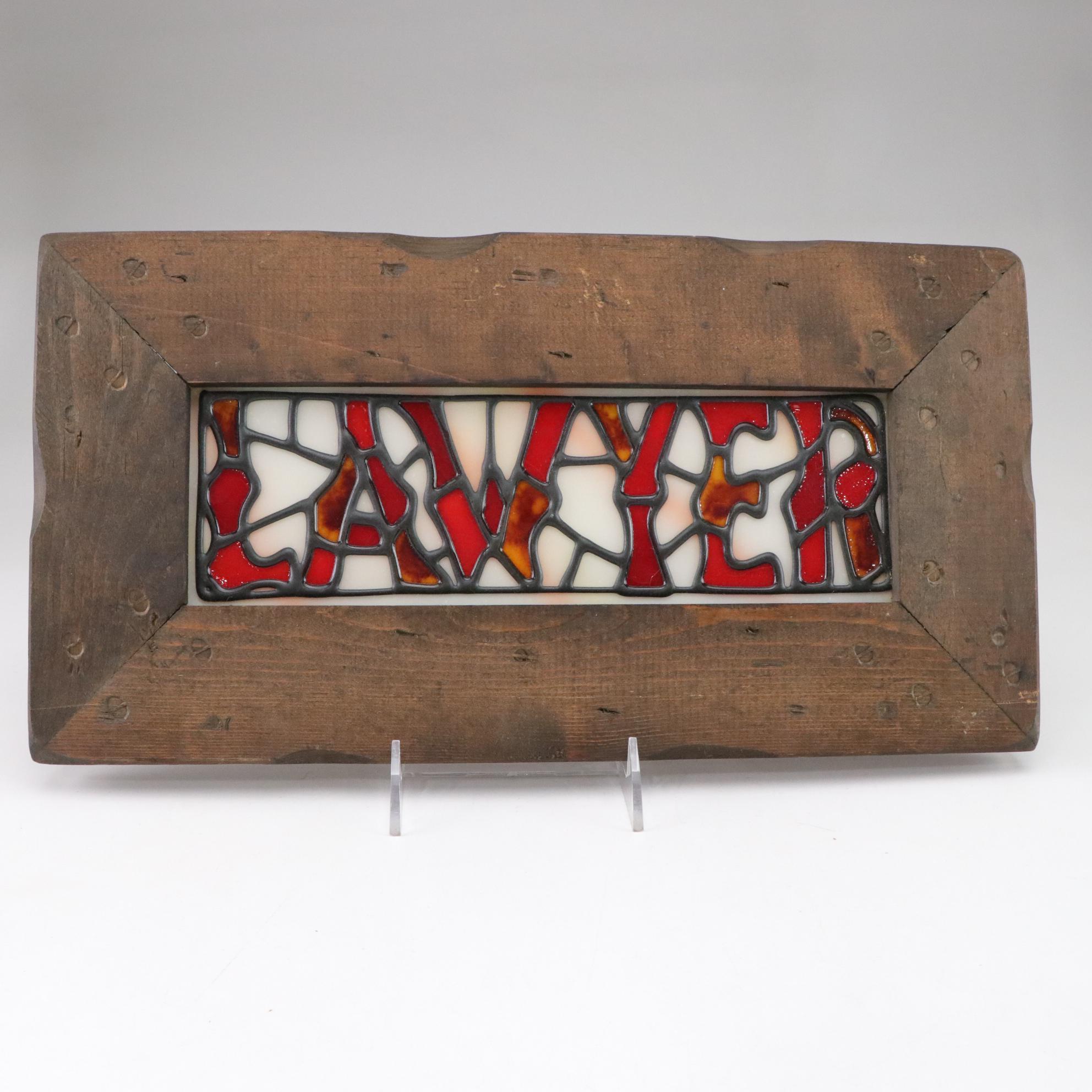 Cowboy Leather-Base Ashtray With Slag Glass Lawyer Placard