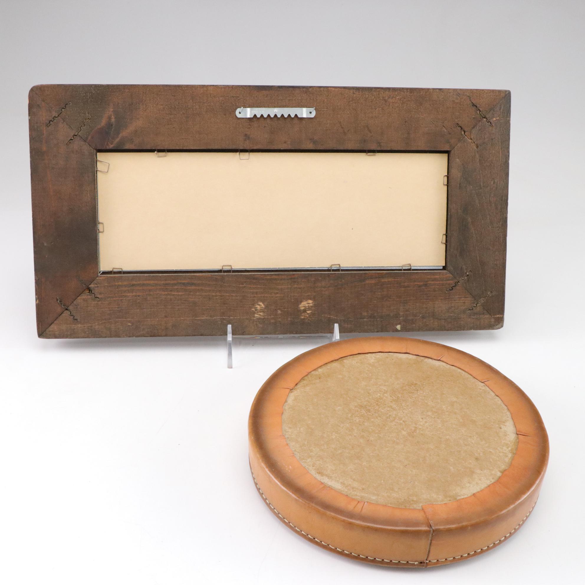 Cowboy Leather-Base Ashtray With Slag Glass Lawyer Placard