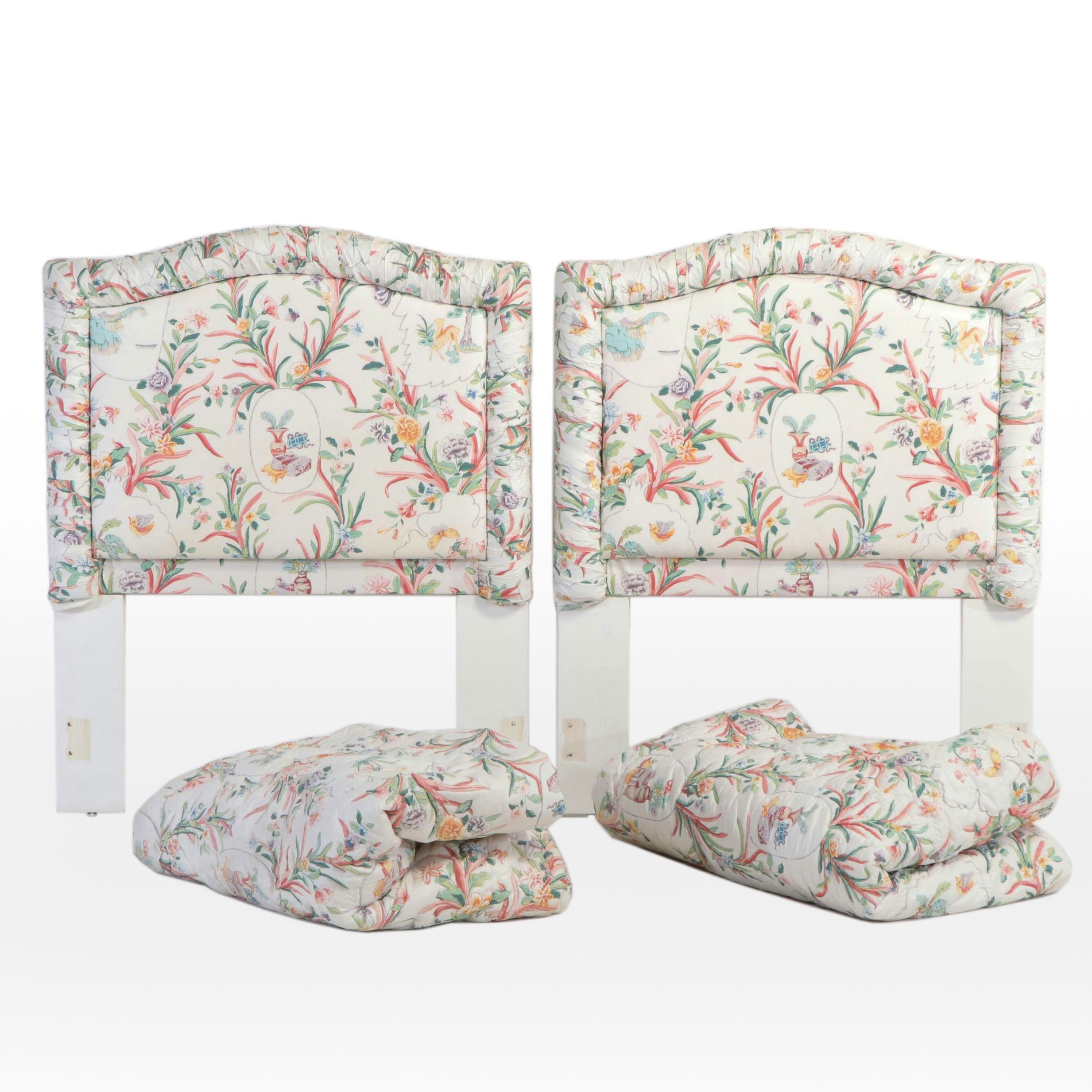 Chinoiserie Cotton Chintz Upholstered Twin Headboards with Matching Coverlets