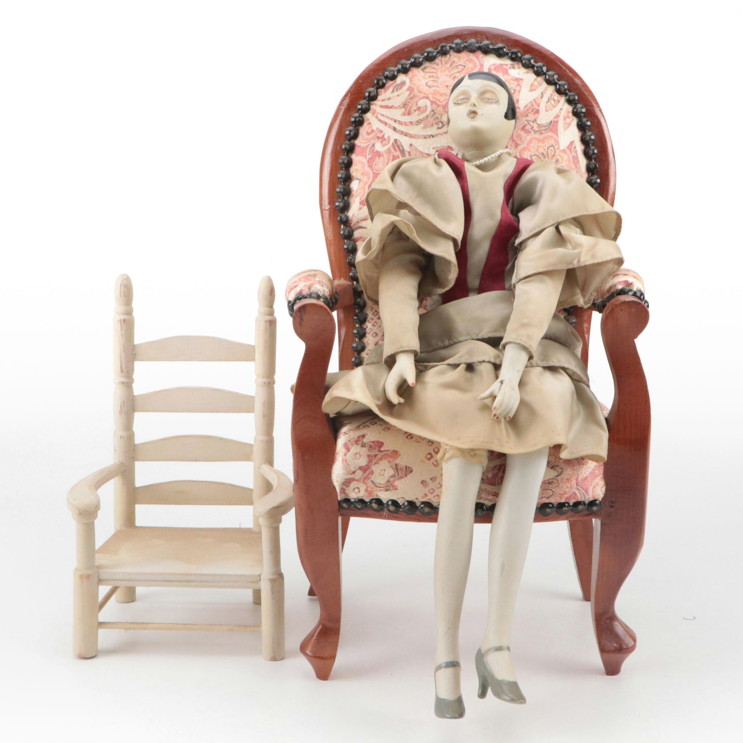 Art Deco Style Porcelain Flapper Boudoir Doll and Chairs, 20th Century