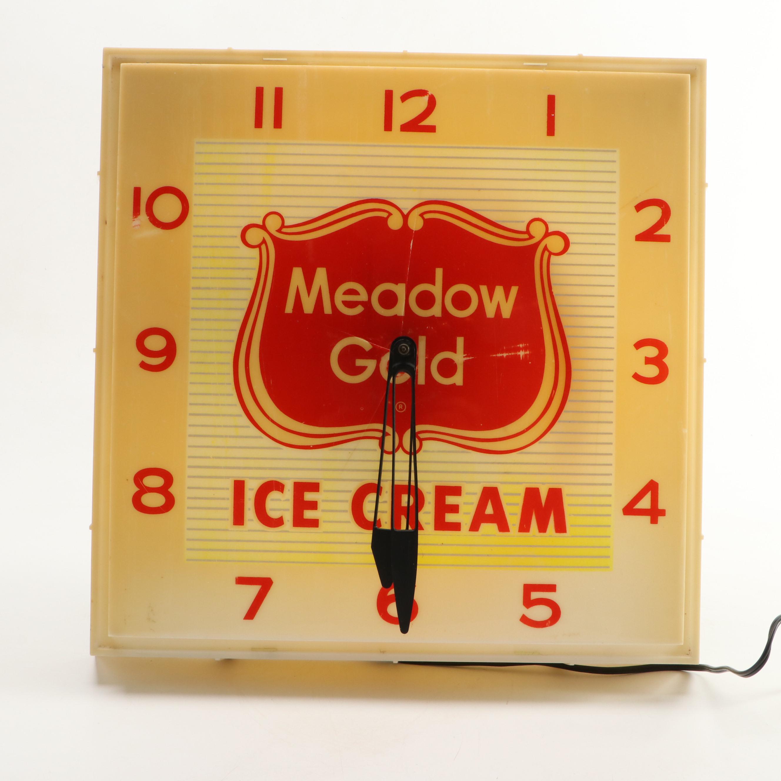 Meadow Gold Ice Cream Illuminated Advertising Wall Clock, Mid-20th Century