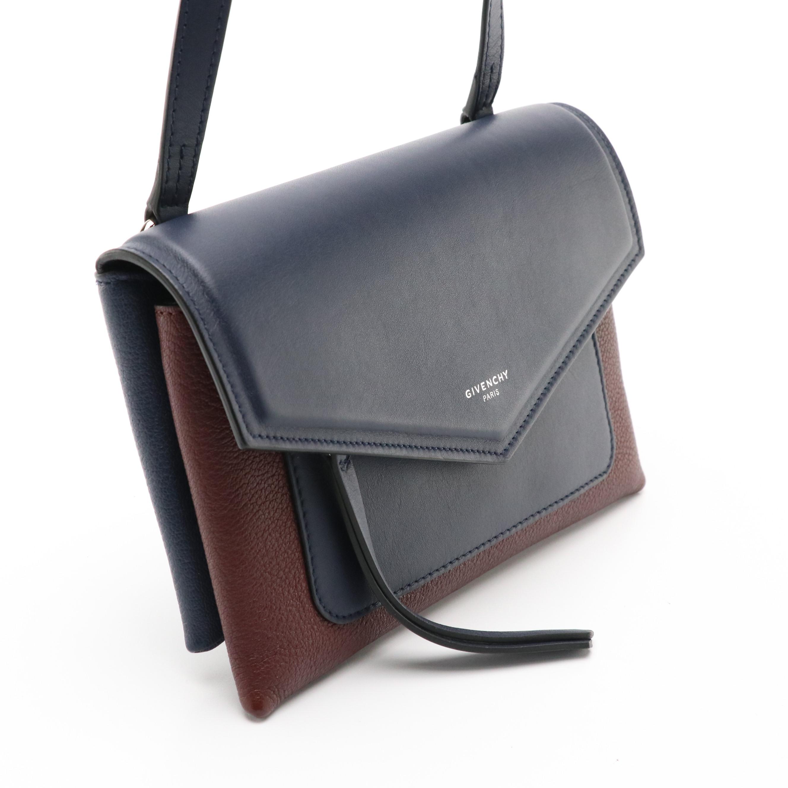 Givenchy Duetto Crossbody Bag in Blue and Burgundy Calfskin Leather, With Tag