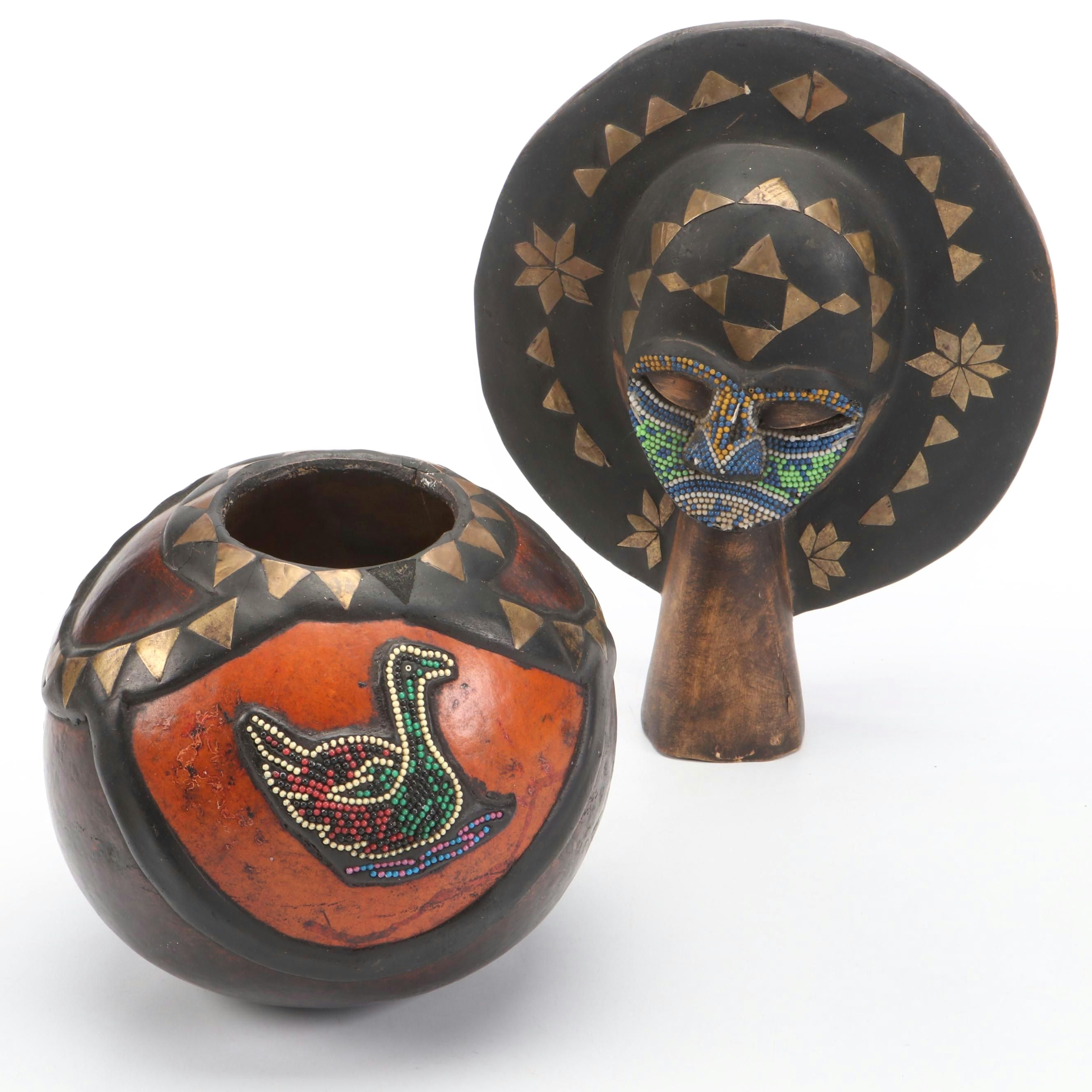 West African Ashanti Beaded Gourd & Decorative Mask with Inlaid Brasswork, Beads