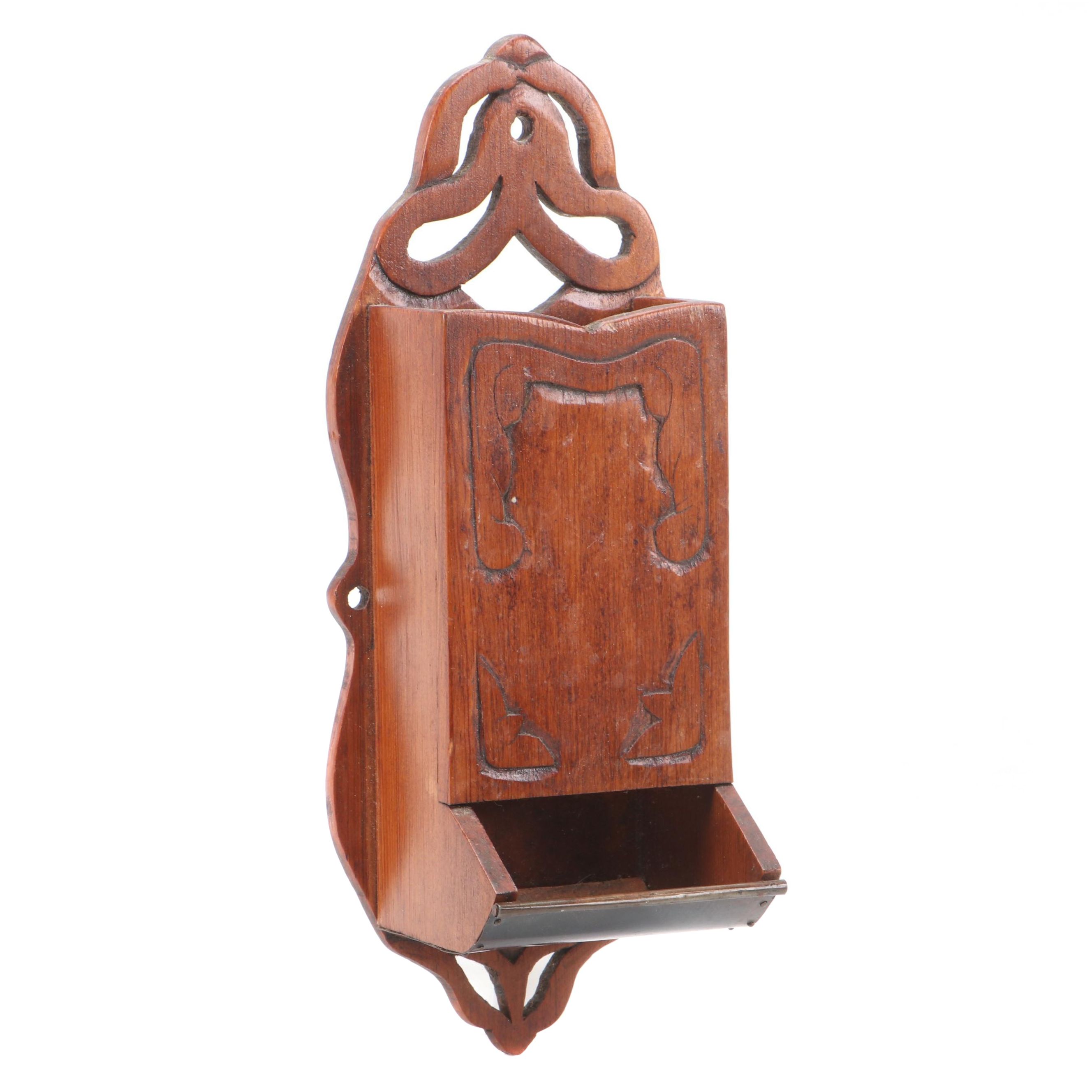 Victorian Style Carved Wood and Metal Wall Hanging Matchstick Holder