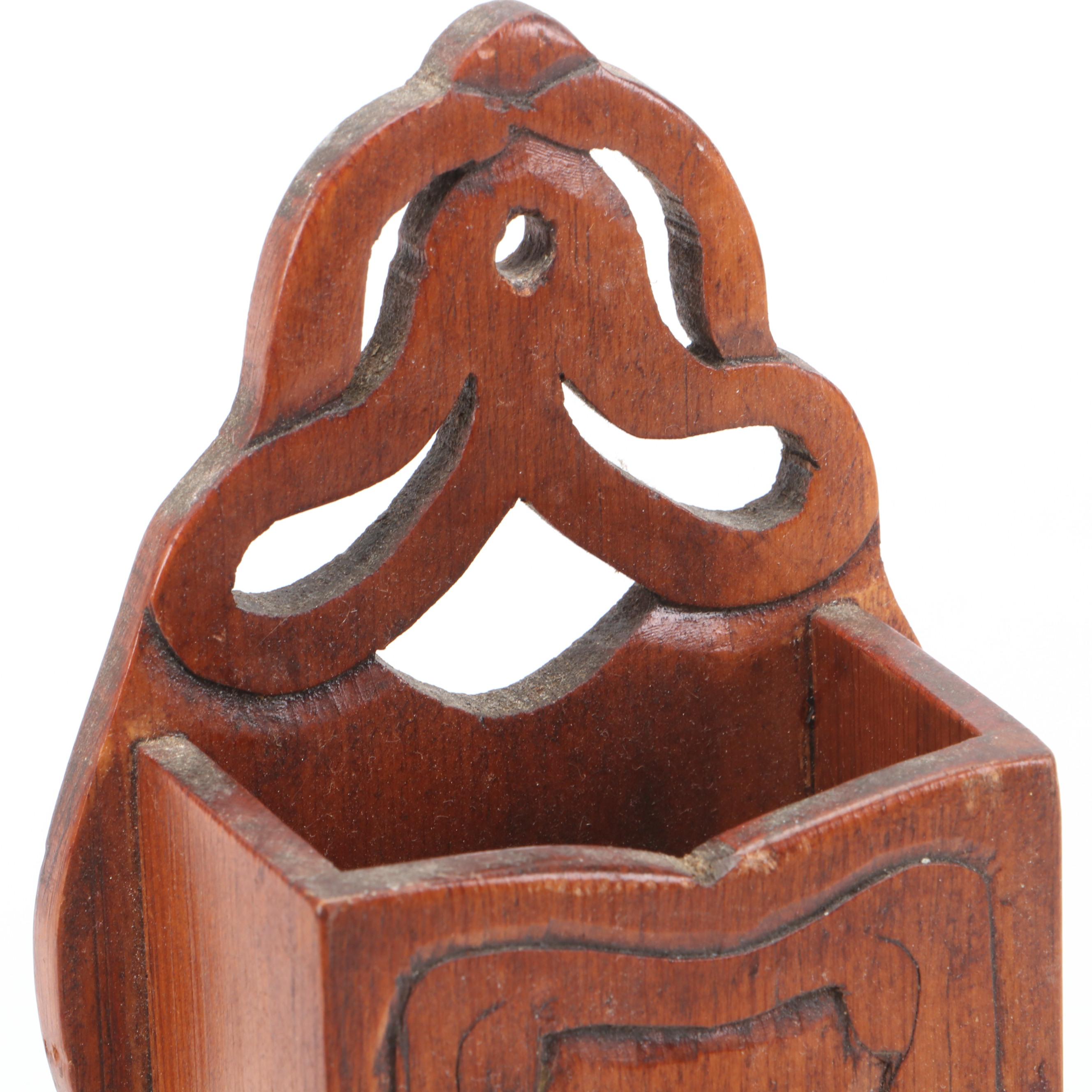 Victorian Style Carved Wood and Metal Wall Hanging Matchstick Holder