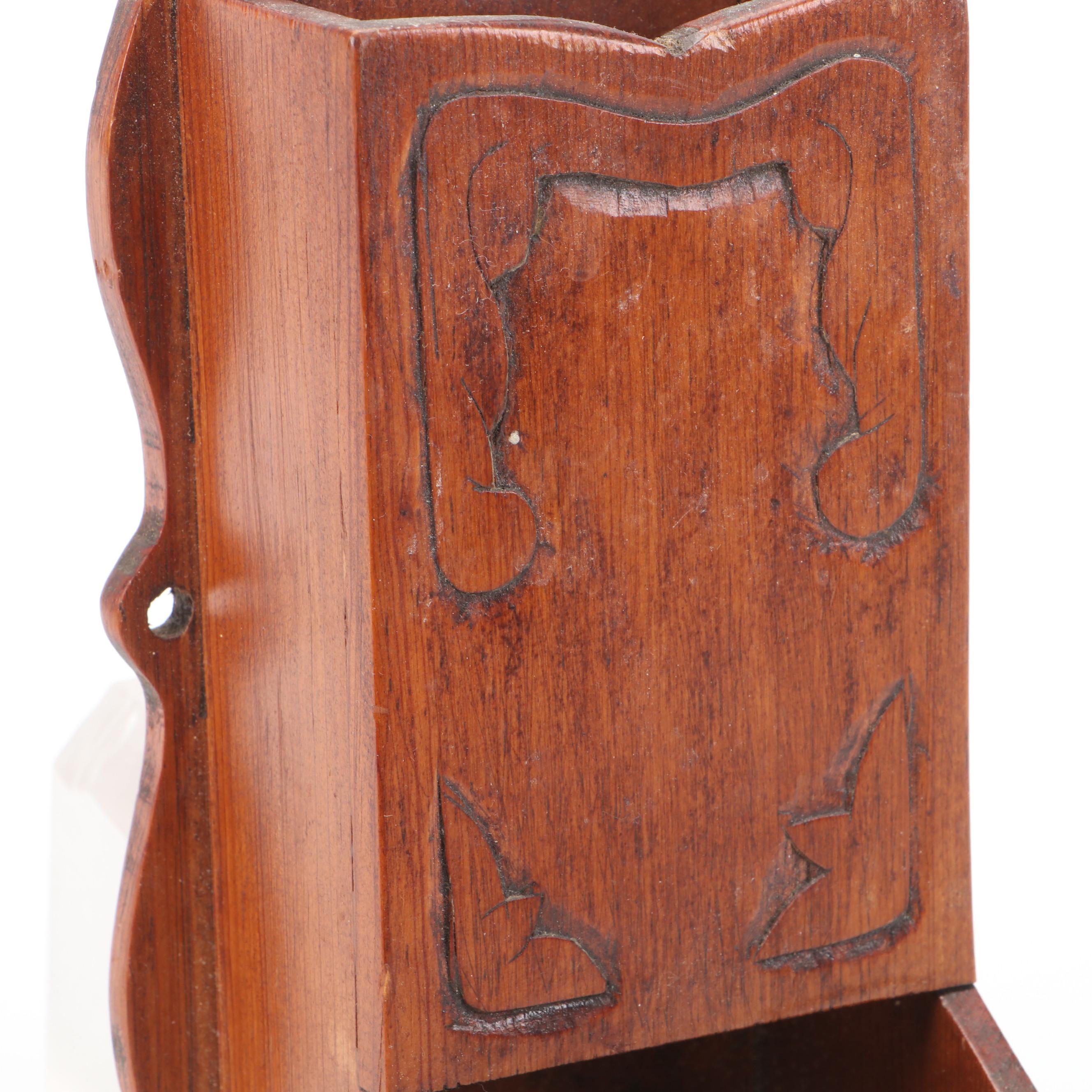 Victorian Style Carved Wood and Metal Wall Hanging Matchstick Holder