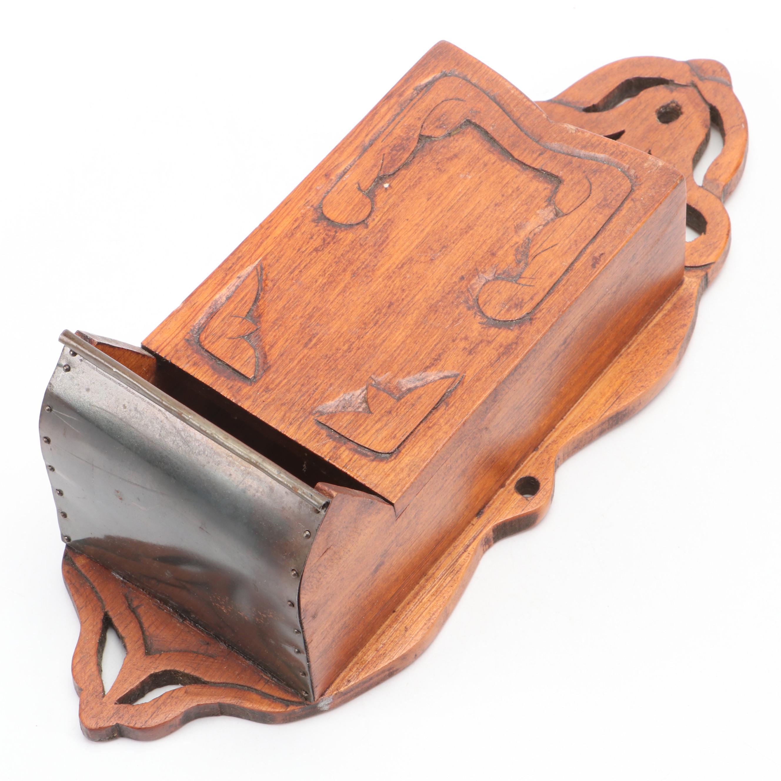 Victorian Style Carved Wood and Metal Wall Hanging Matchstick Holder