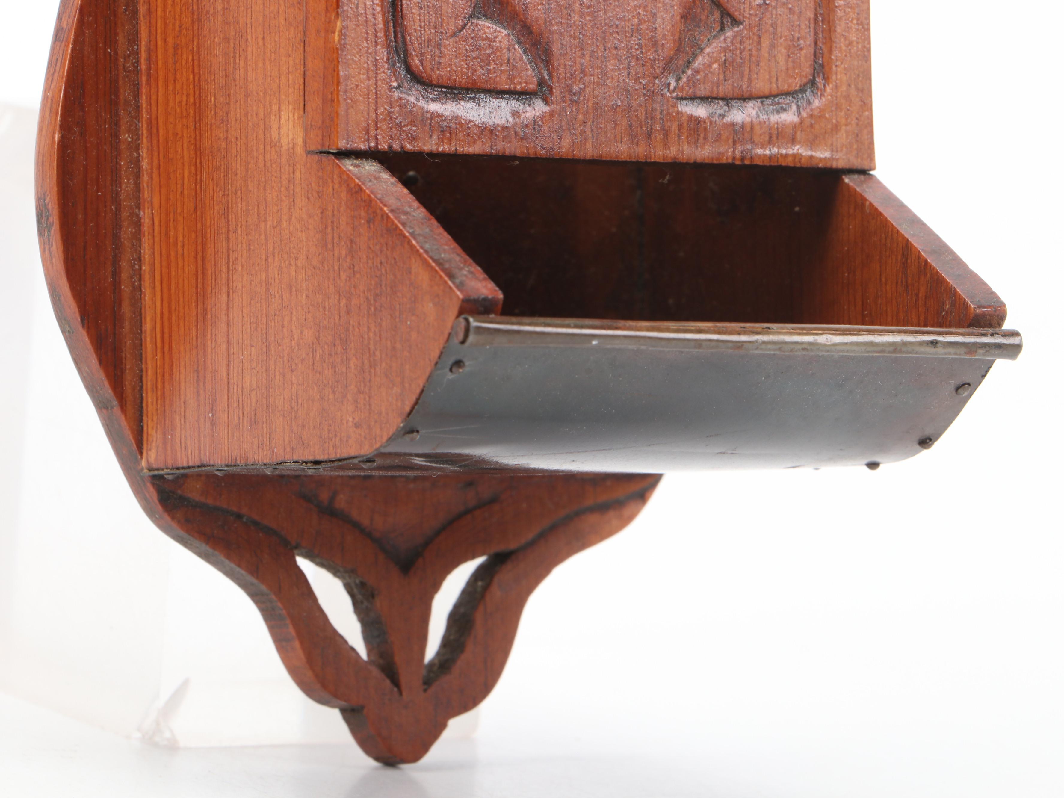 Victorian Style Carved Wood and Metal Wall Hanging Matchstick Holder