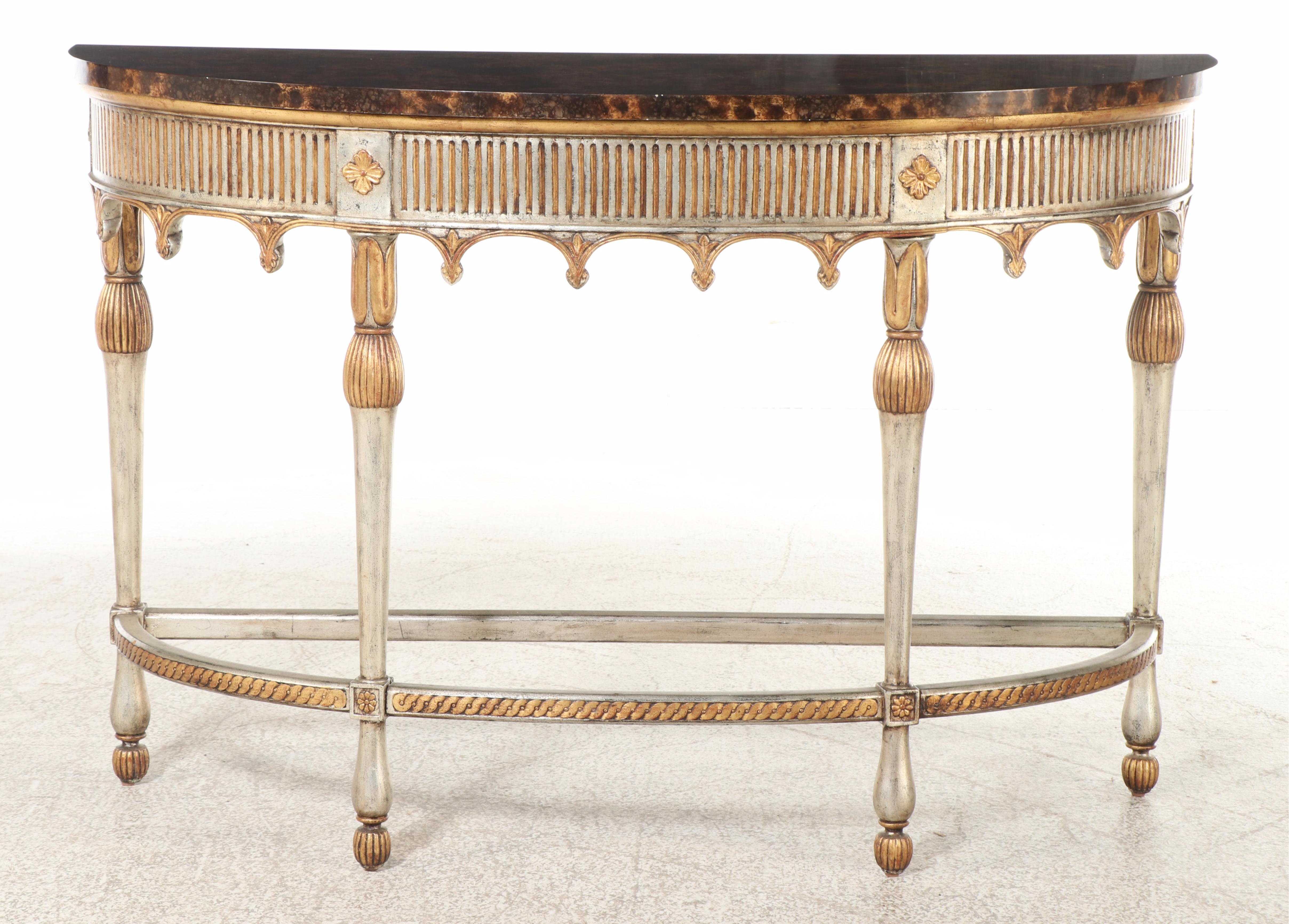 Maitland-Smith Louis XVI Style Giltwood & Faux-Marble Demilune Console Table
