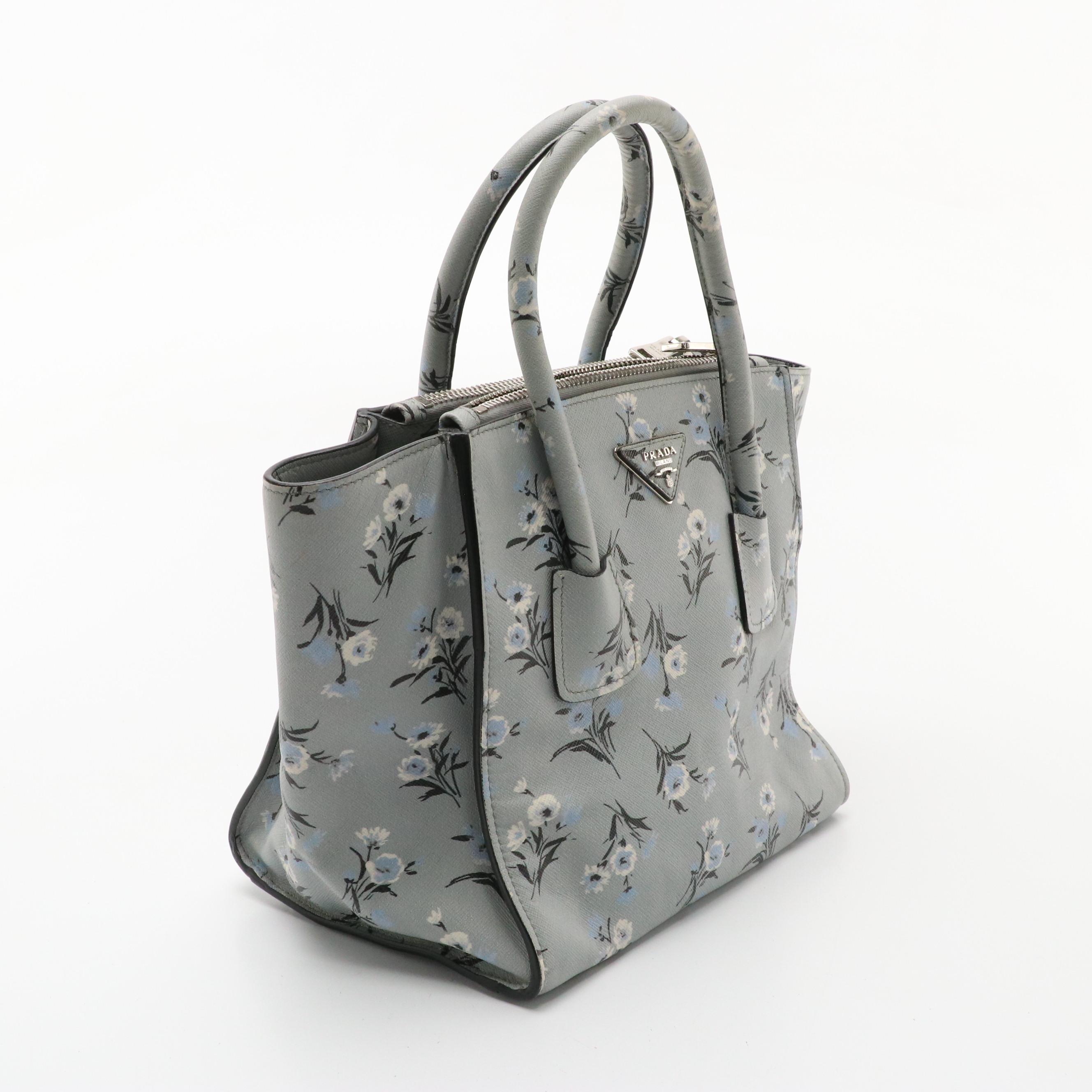 Prada Acciaio Floral Print Saffiano Leather Twin Pocket Two-Way Tote