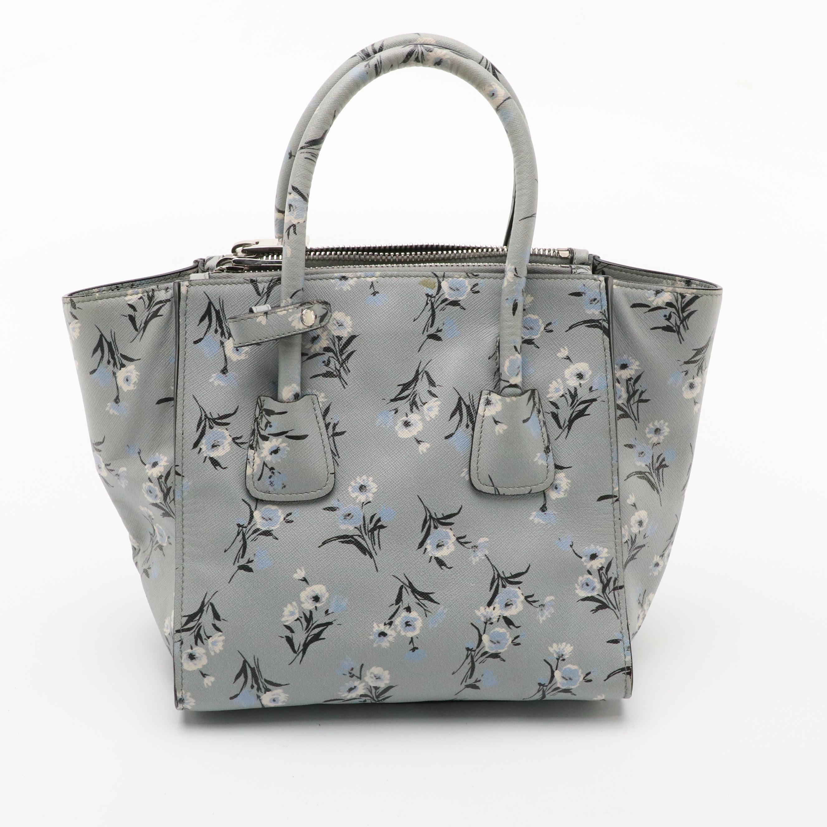 Prada Acciaio Floral Print Saffiano Leather Twin Pocket Two-Way Tote