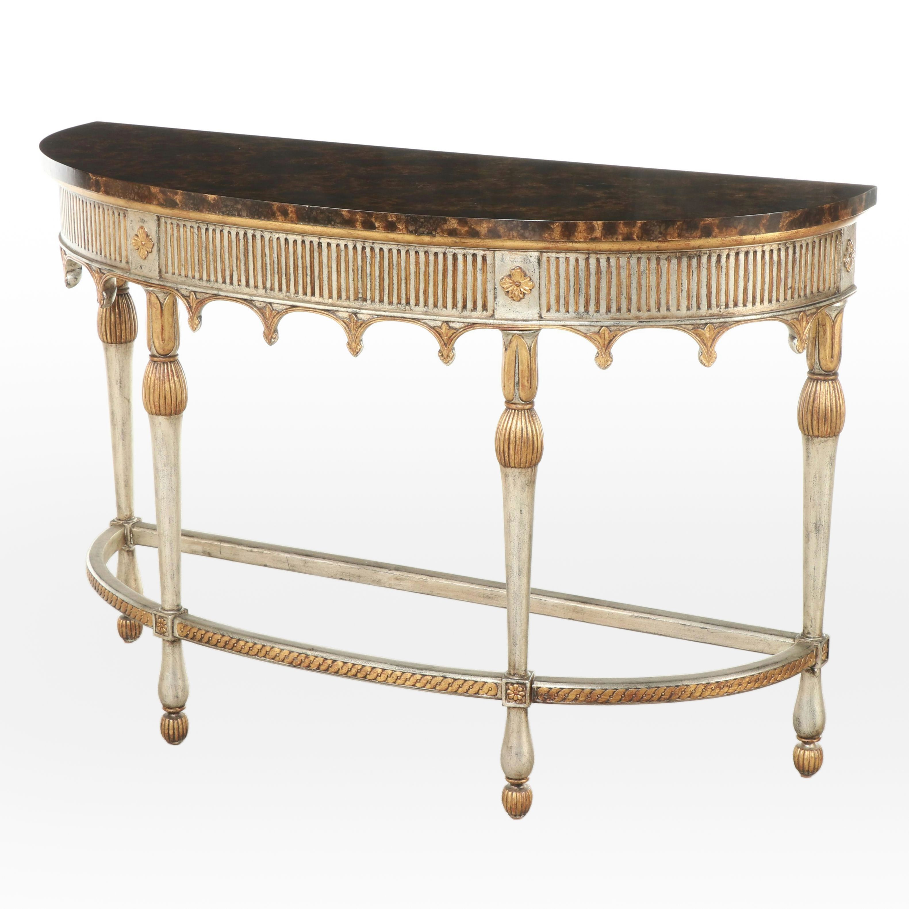 Maitland-Smith Louis XVI Style Giltwood & Faux-Marble Demilune Console Table