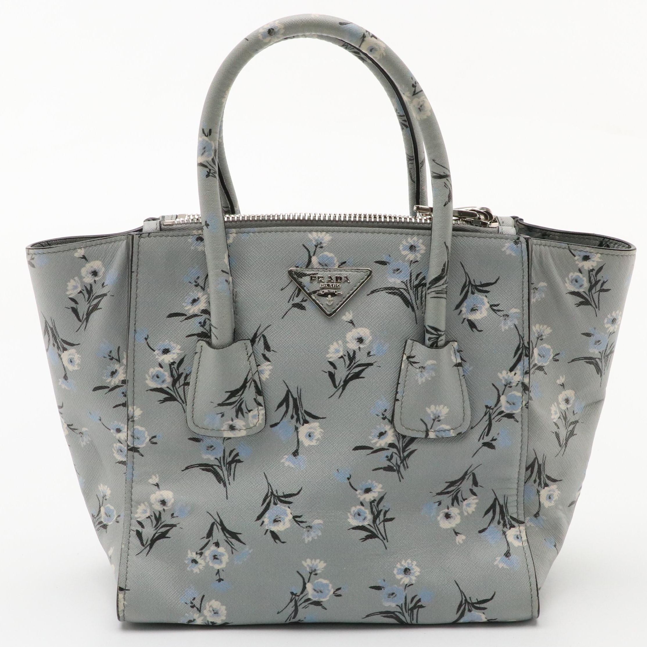 Prada Acciaio Floral Print Saffiano Leather Twin Pocket Two-Way Tote