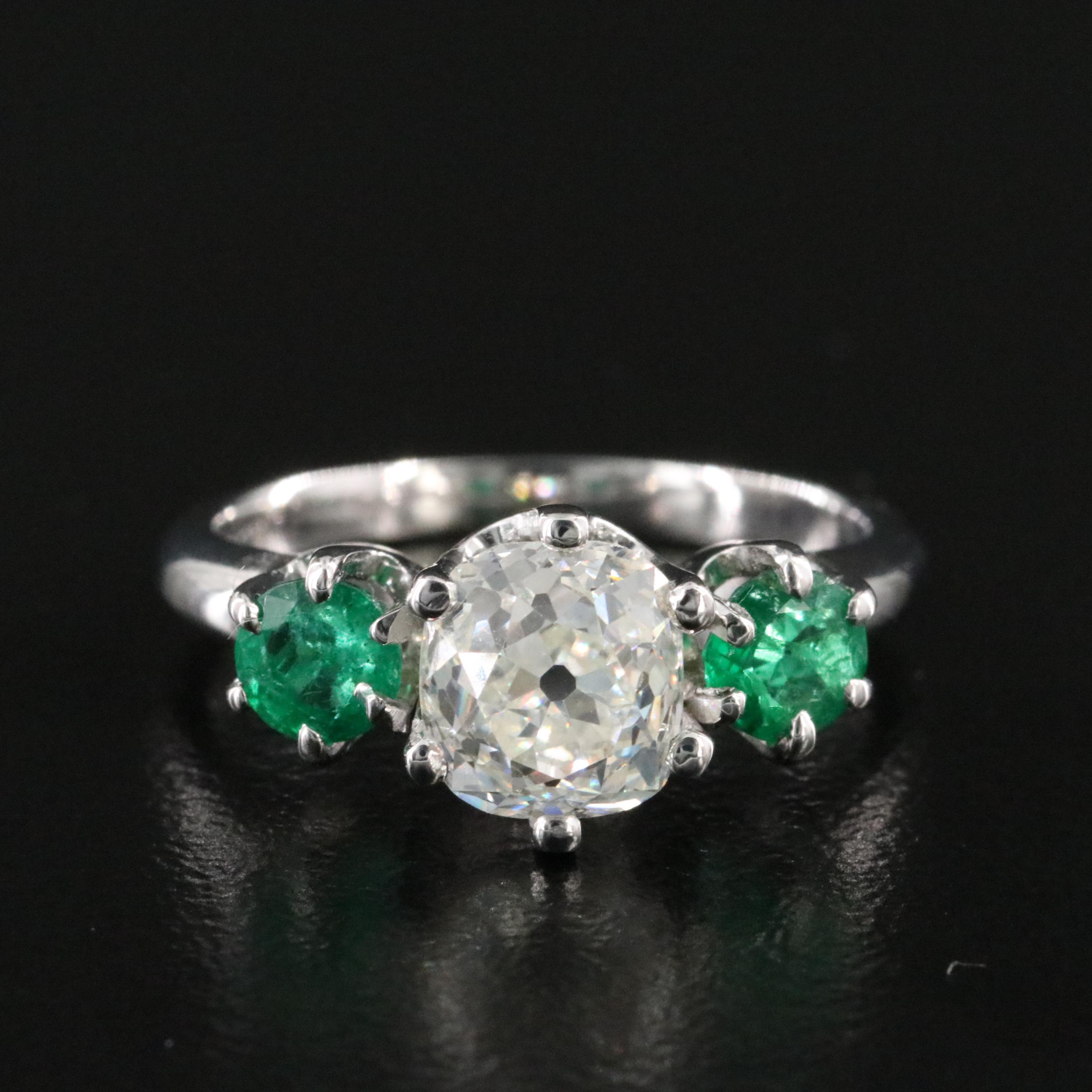 Antique 14K 1.68 CT Diamond and Emerald Ring with GIA eReport