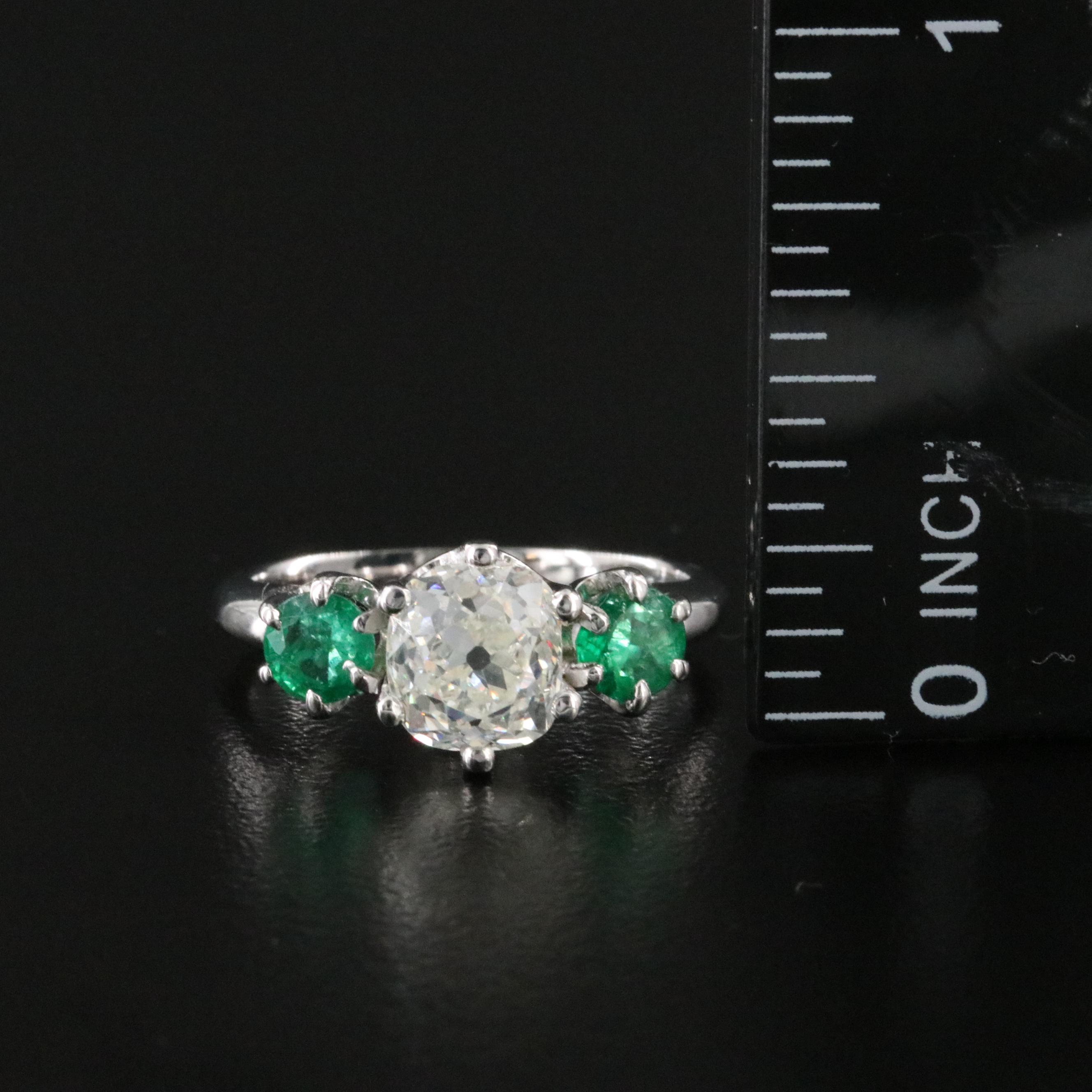Antique 14K 1.68 CT Diamond and Emerald Ring with GIA eReport