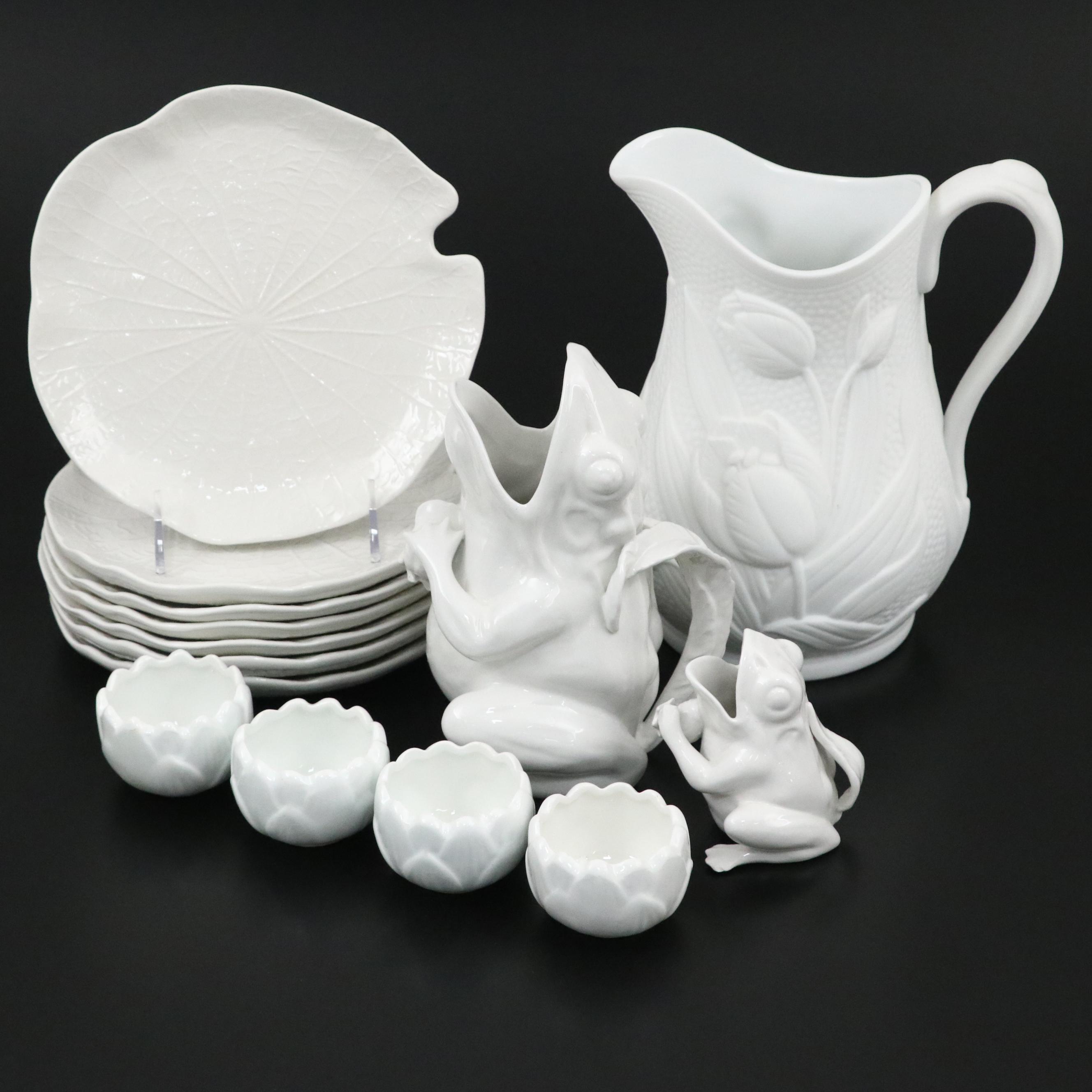 Tiffany & Co. Embossed Bisque Tulip Pitcher with Frog Pitcher and Lilypad Plates