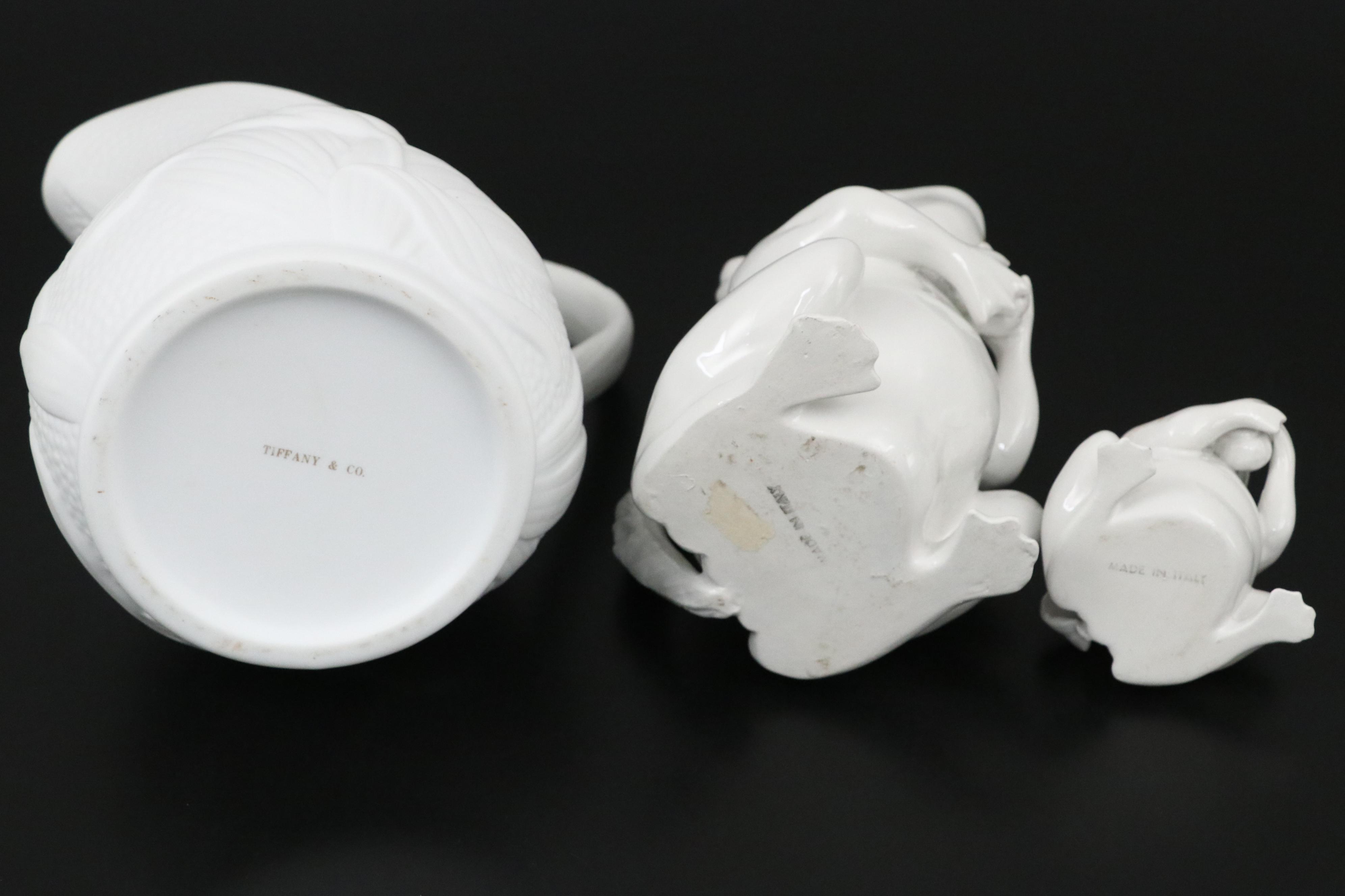 Tiffany & Co. Embossed Bisque Tulip Pitcher with Frog Pitcher and Lilypad Plates