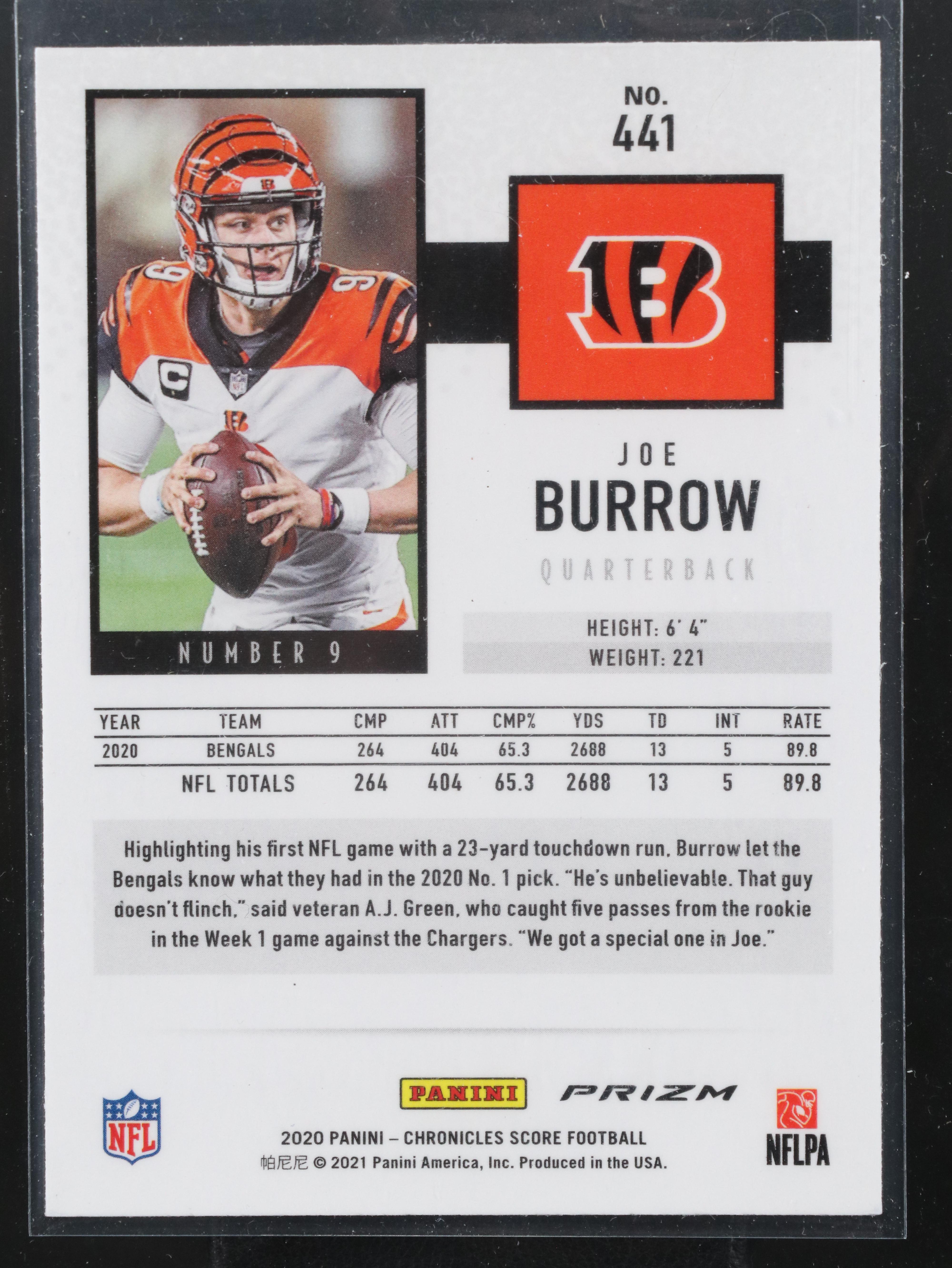 2020 Chronicles Score Joe Burrow Silver Prizm Rookie Football Card