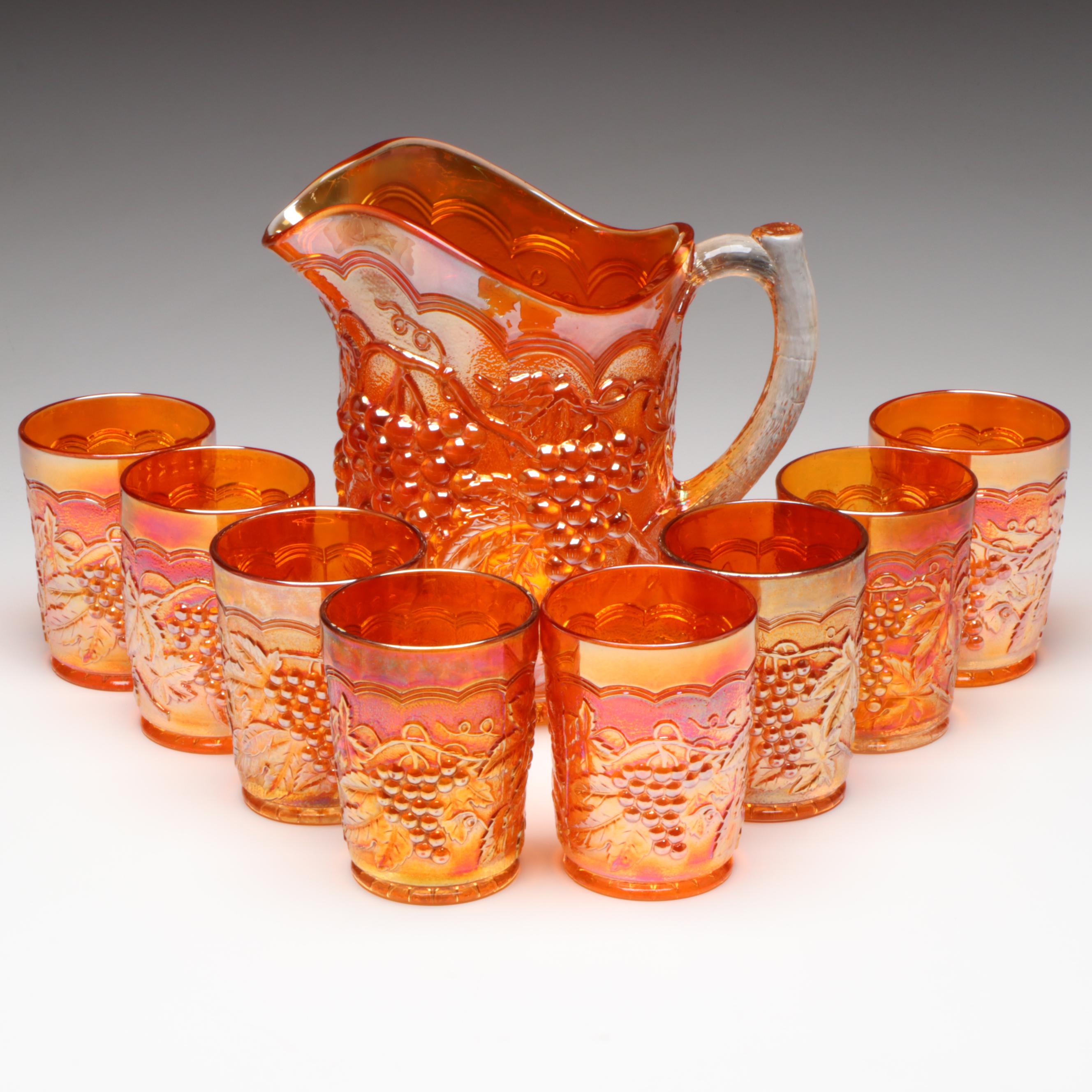 Imperial Marigold Grape Carnival Glass Pitcher and Glasses