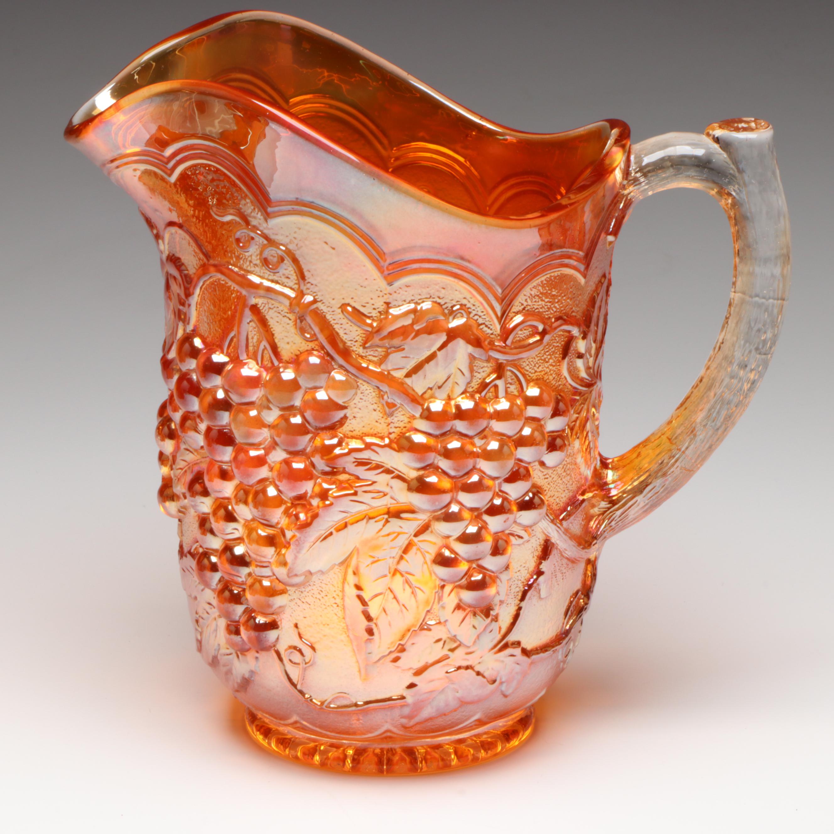 Imperial Marigold Grape Carnival Glass Pitcher and Glasses