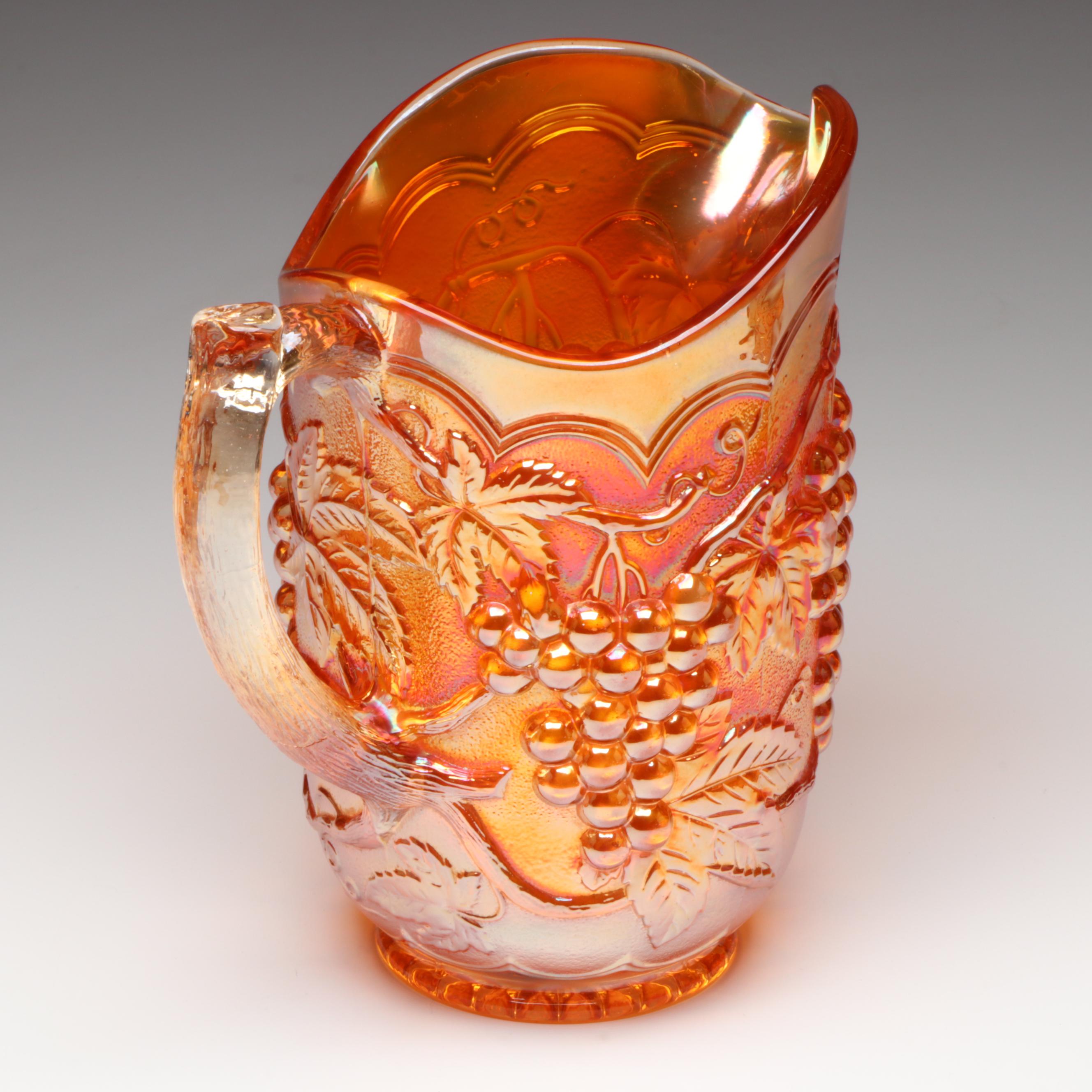 Imperial Marigold Grape Carnival Glass Pitcher and Glasses