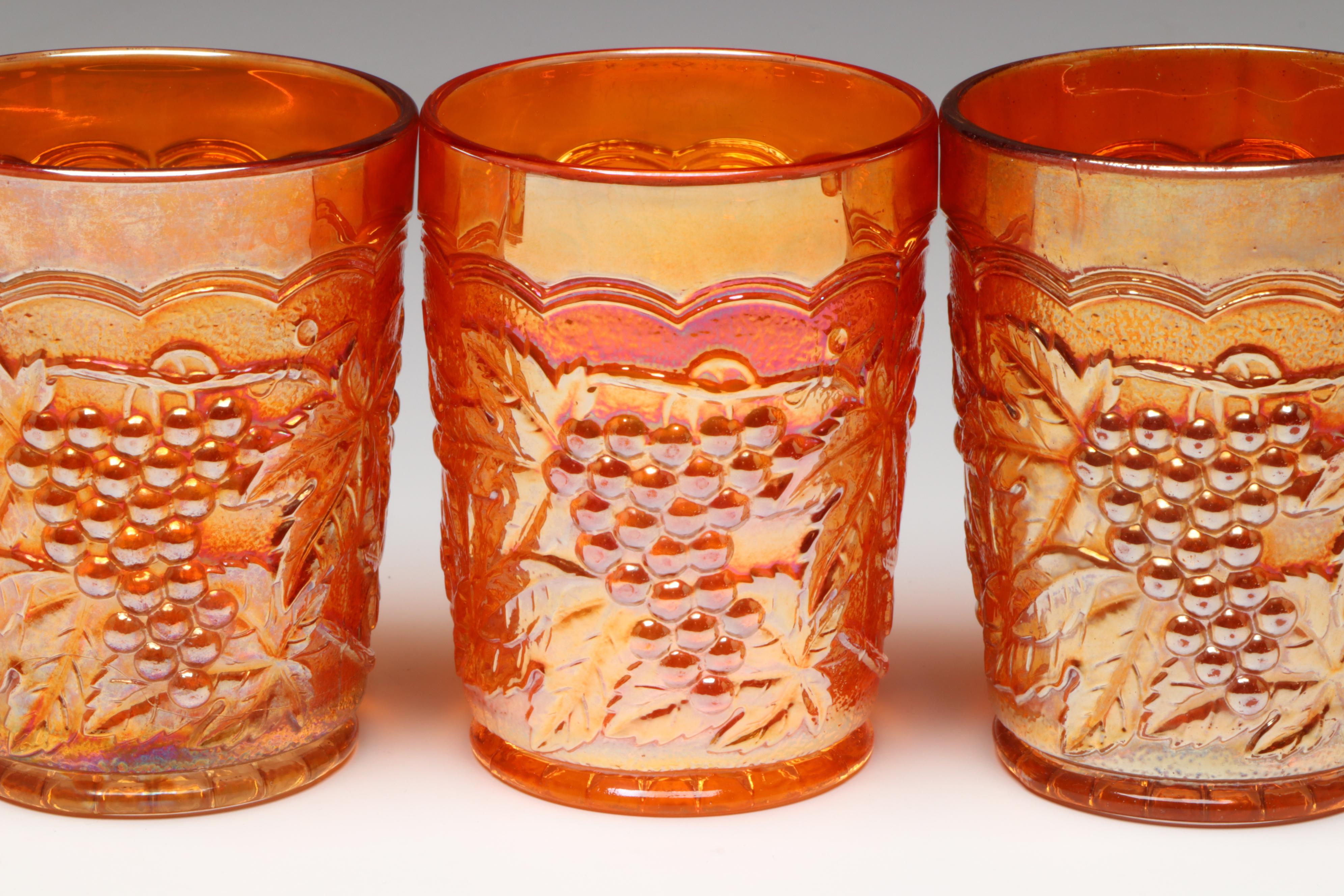 Imperial Marigold Grape Carnival Glass Pitcher and Glasses