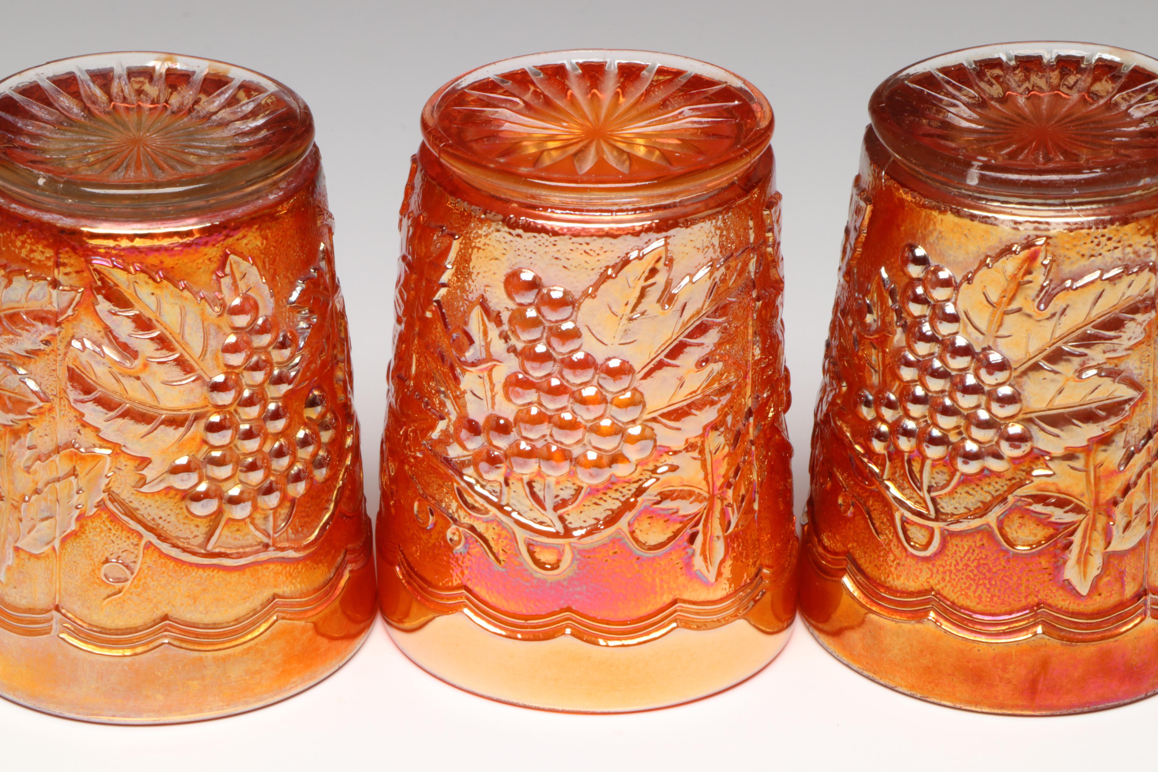 Imperial Marigold Grape Carnival Glass Pitcher and Glasses