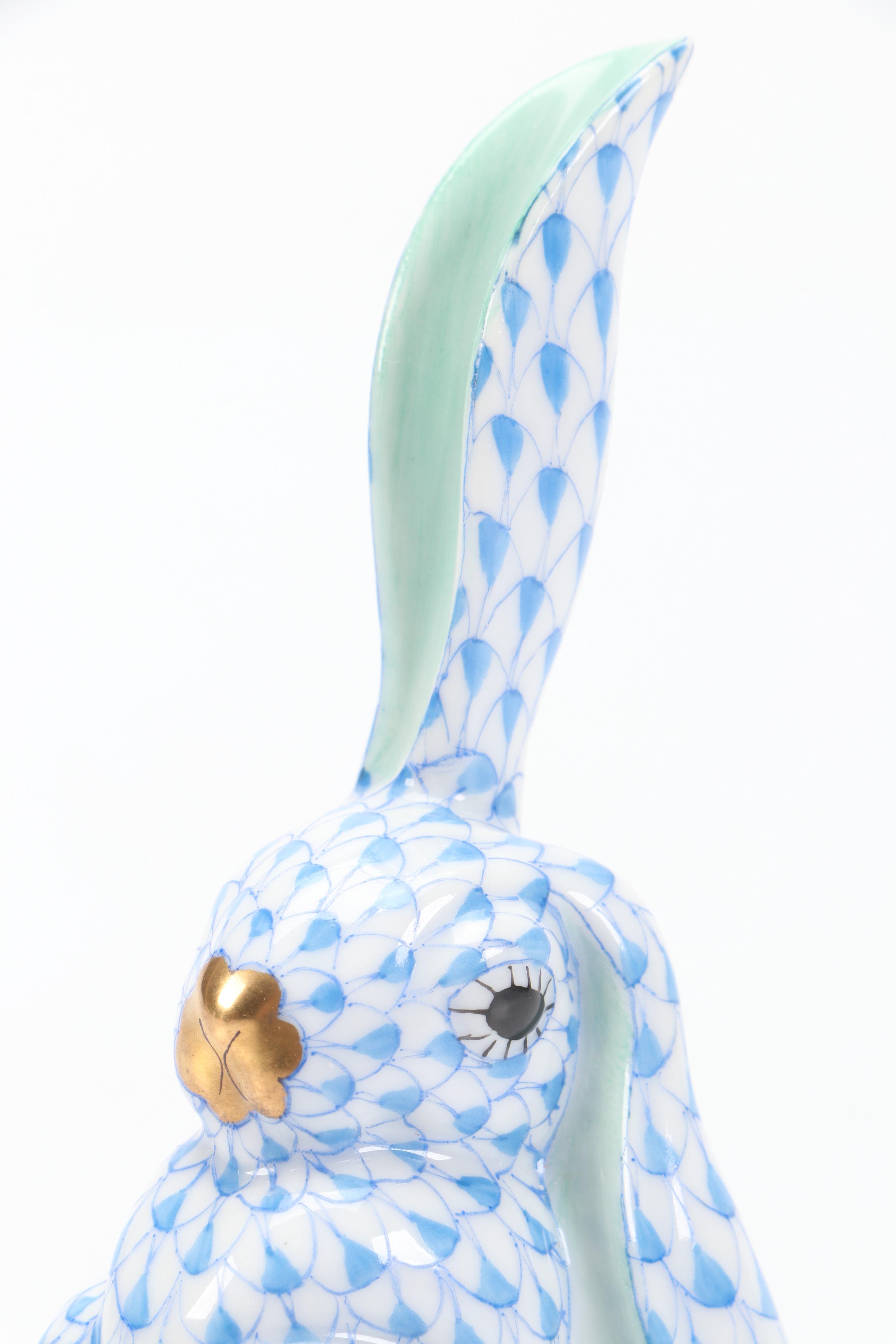 Herend Blue Fishnet with Gold "Rabbit with One Ear Up" Porcelain Figurine