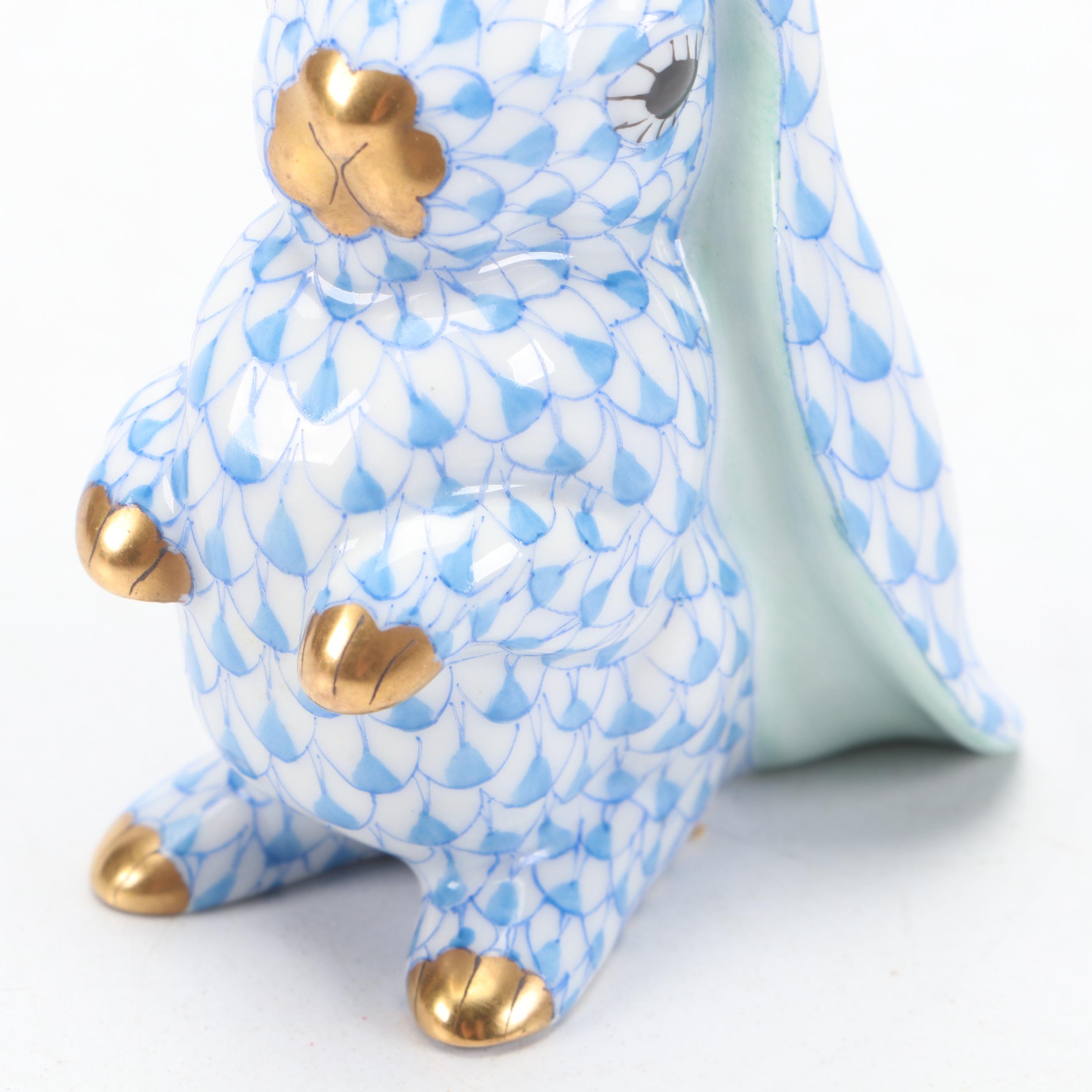 Herend Blue Fishnet with Gold "Rabbit with One Ear Up" Porcelain Figurine