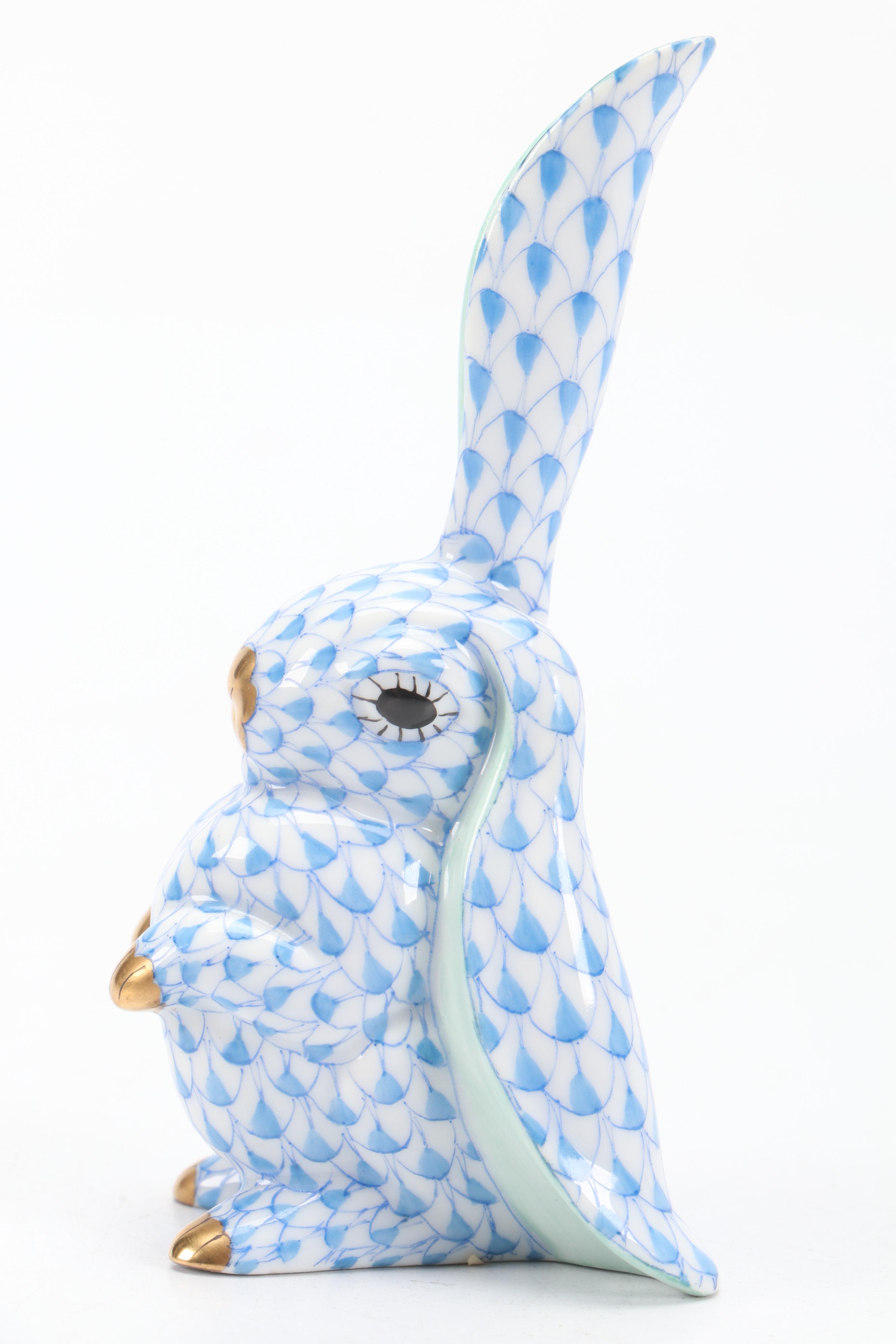 Herend Blue Fishnet with Gold "Rabbit with One Ear Up" Porcelain Figurine