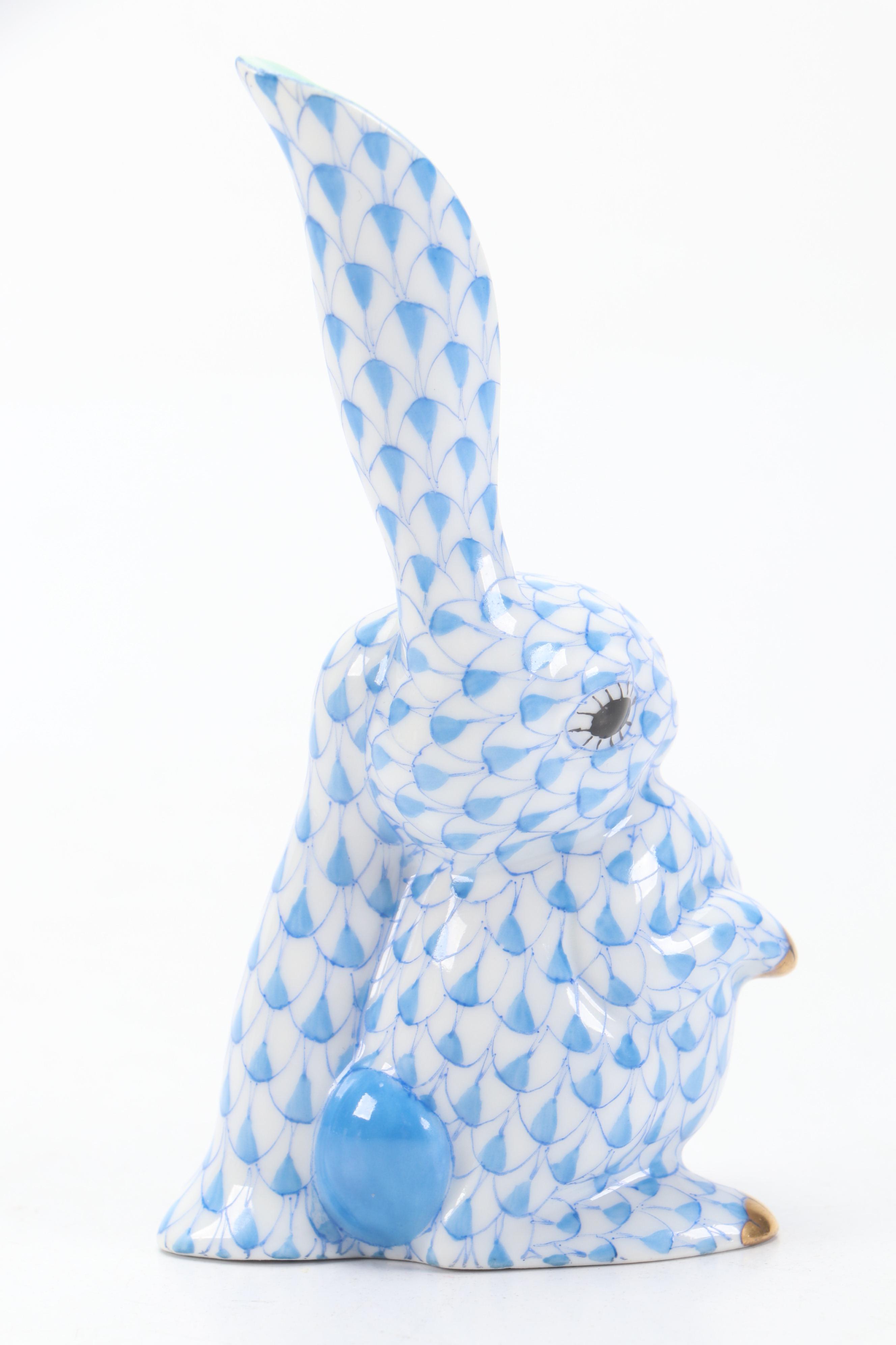 Herend Blue Fishnet with Gold "Rabbit with One Ear Up" Porcelain Figurine