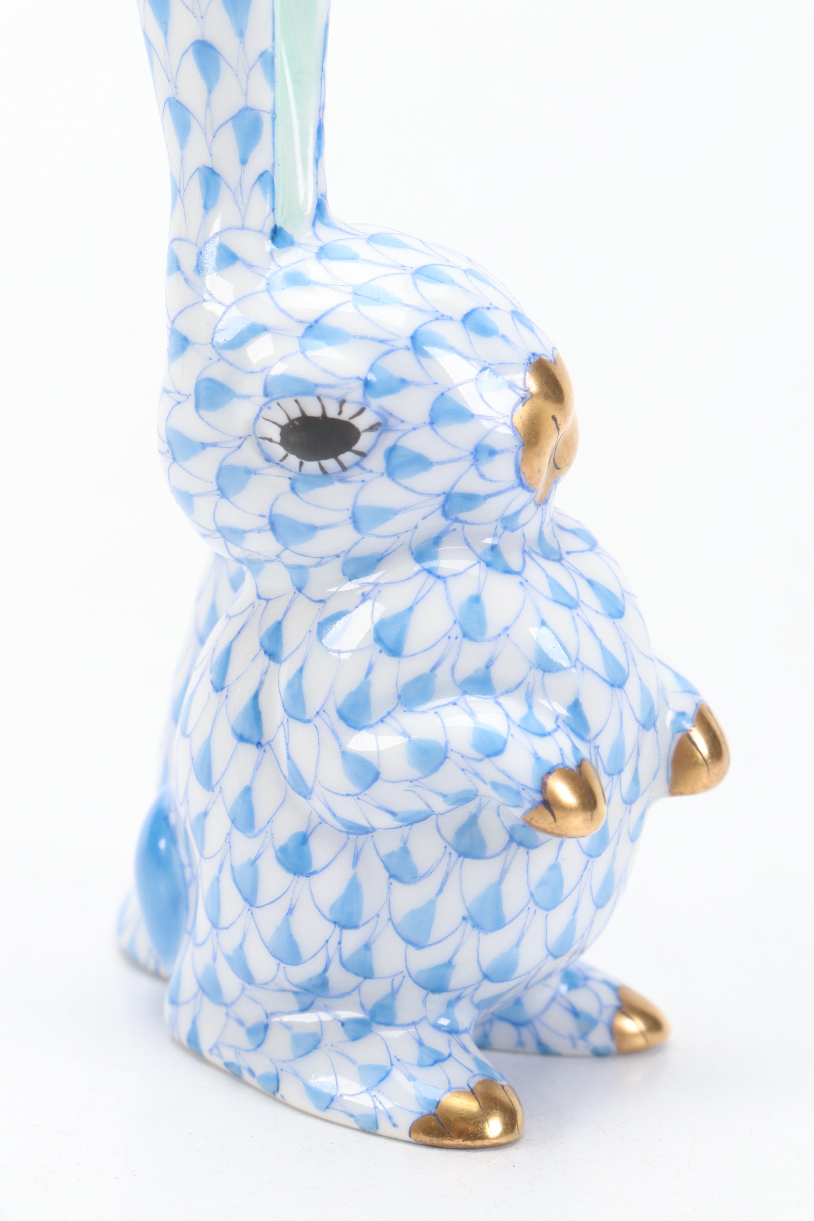 Herend Blue Fishnet with Gold "Rabbit with One Ear Up" Porcelain Figurine