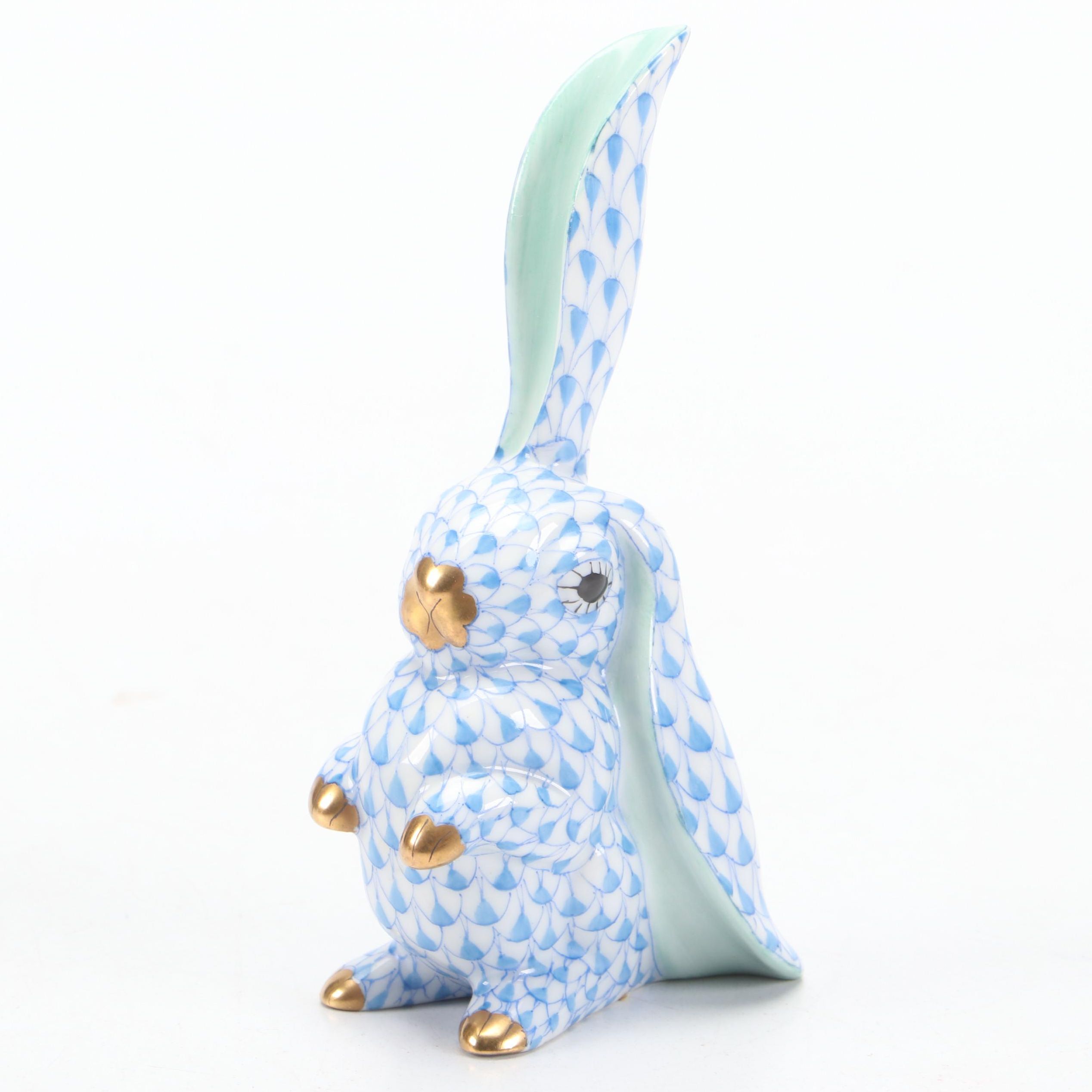 Herend Blue Fishnet with Gold "Rabbit with One Ear Up" Porcelain Figurine