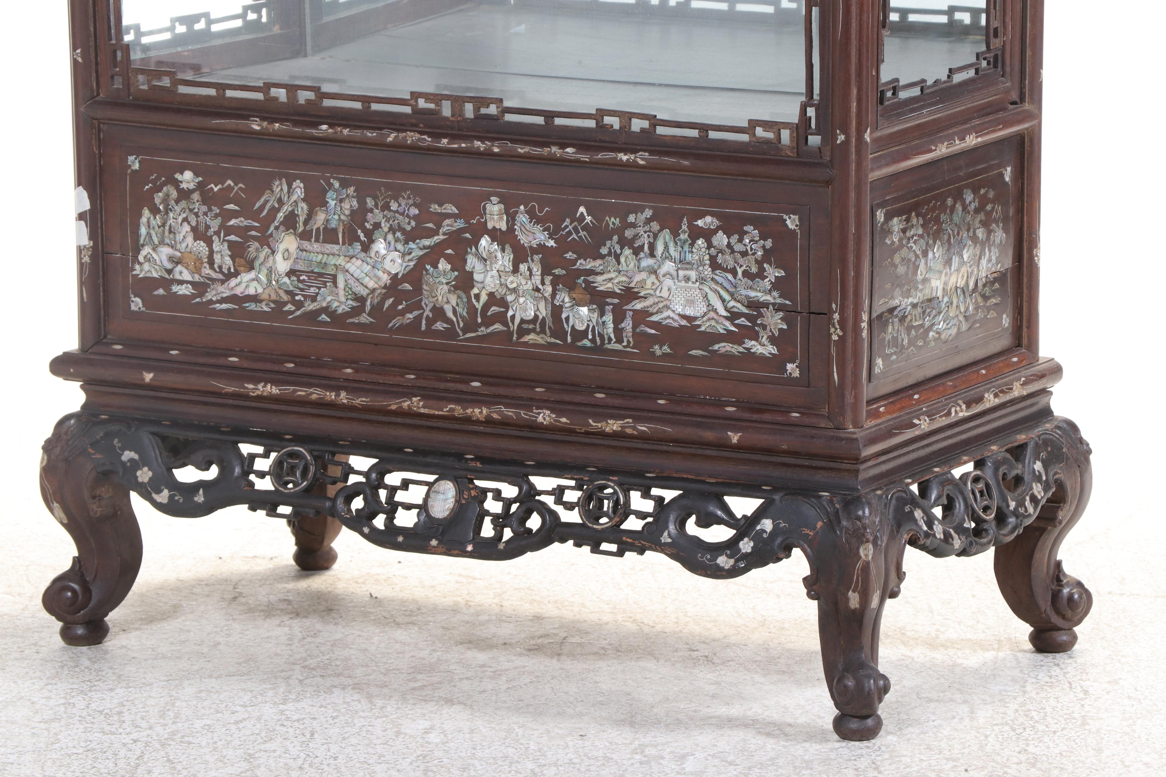 Chinese Carved Rosewood Display Cabinet with Mother-of-Pearl and Abalone Inlay