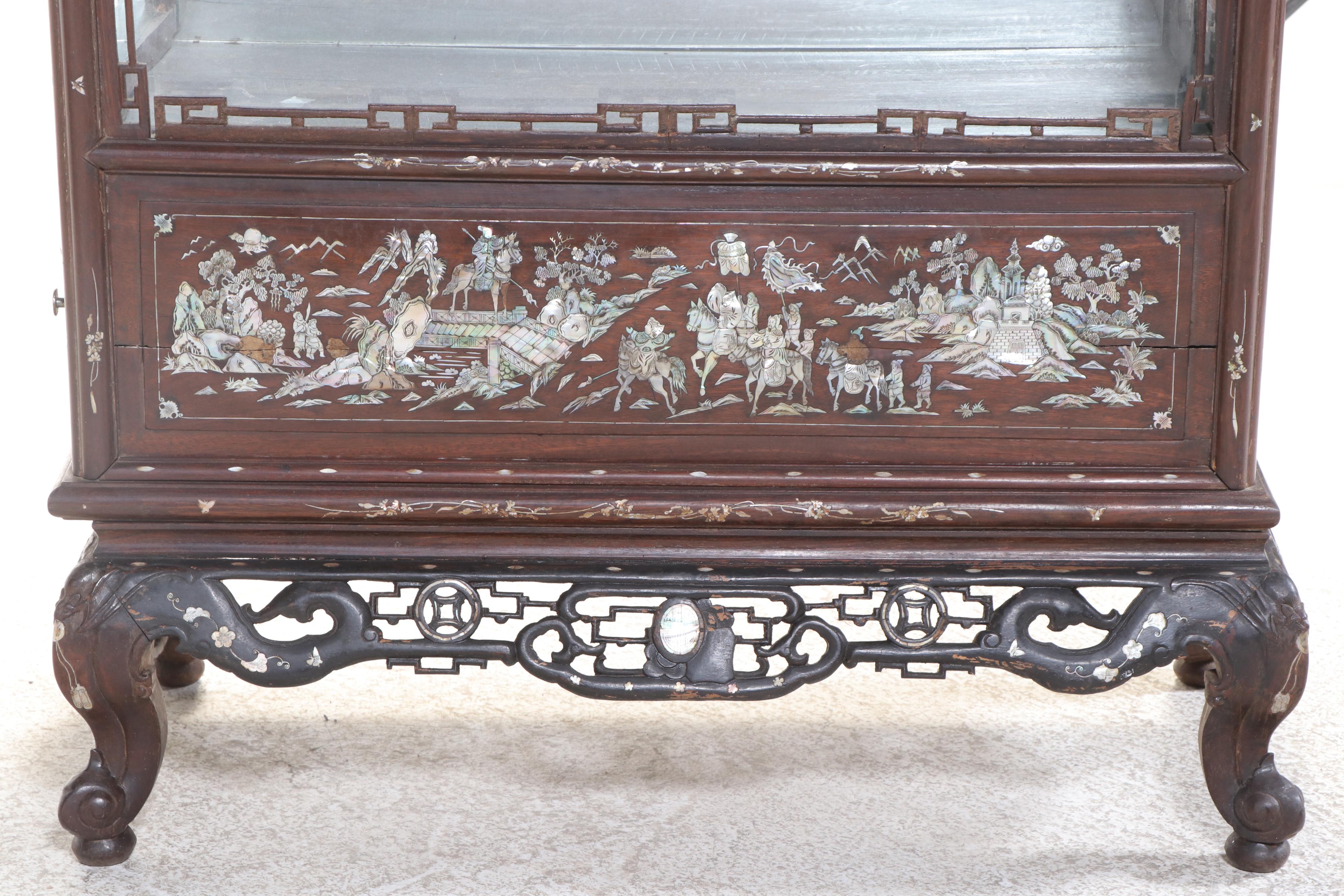Chinese Carved Rosewood Display Cabinet with Mother-of-Pearl and Abalone Inlay