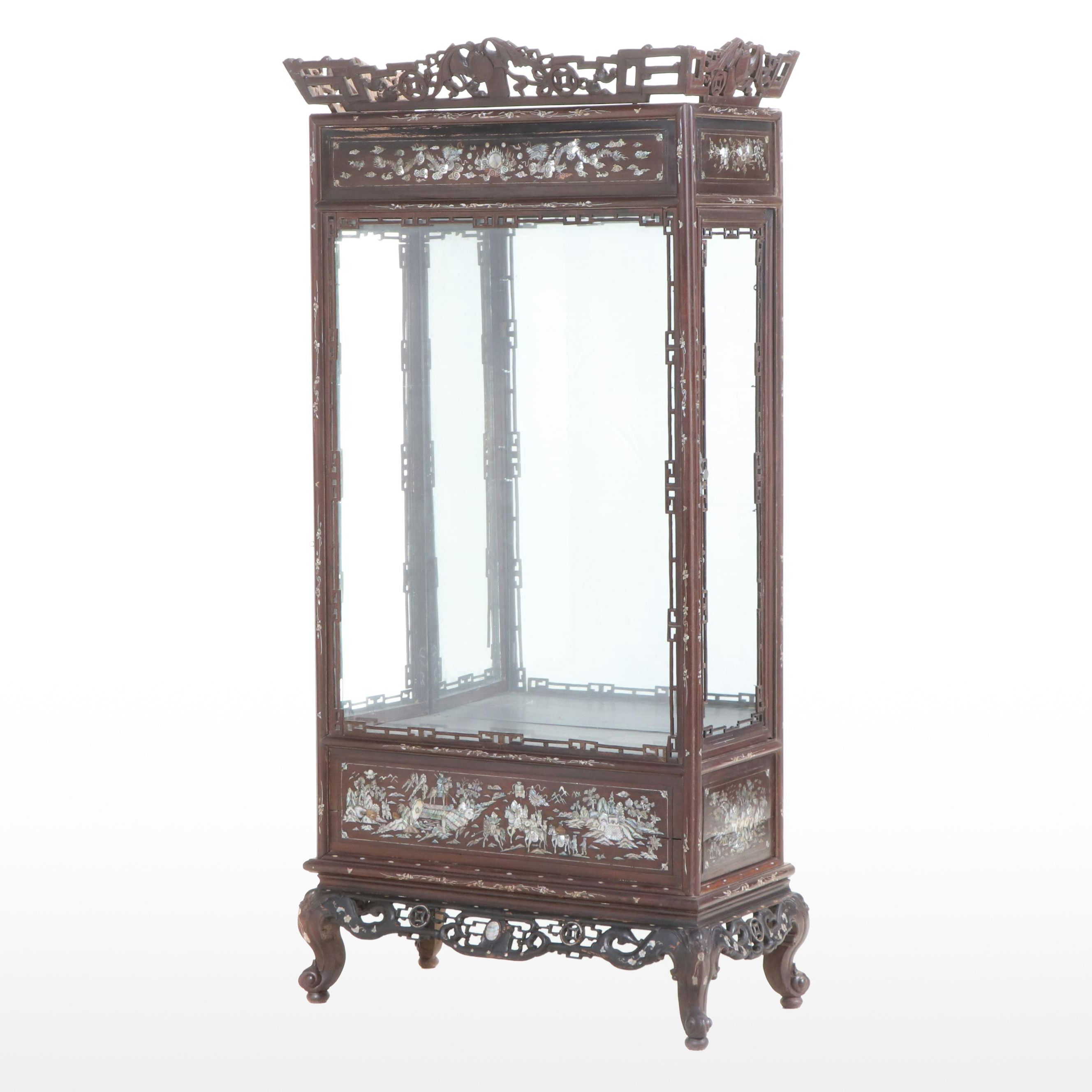 Chinese Carved Rosewood Display Cabinet with Mother-of-Pearl and Abalone Inlay