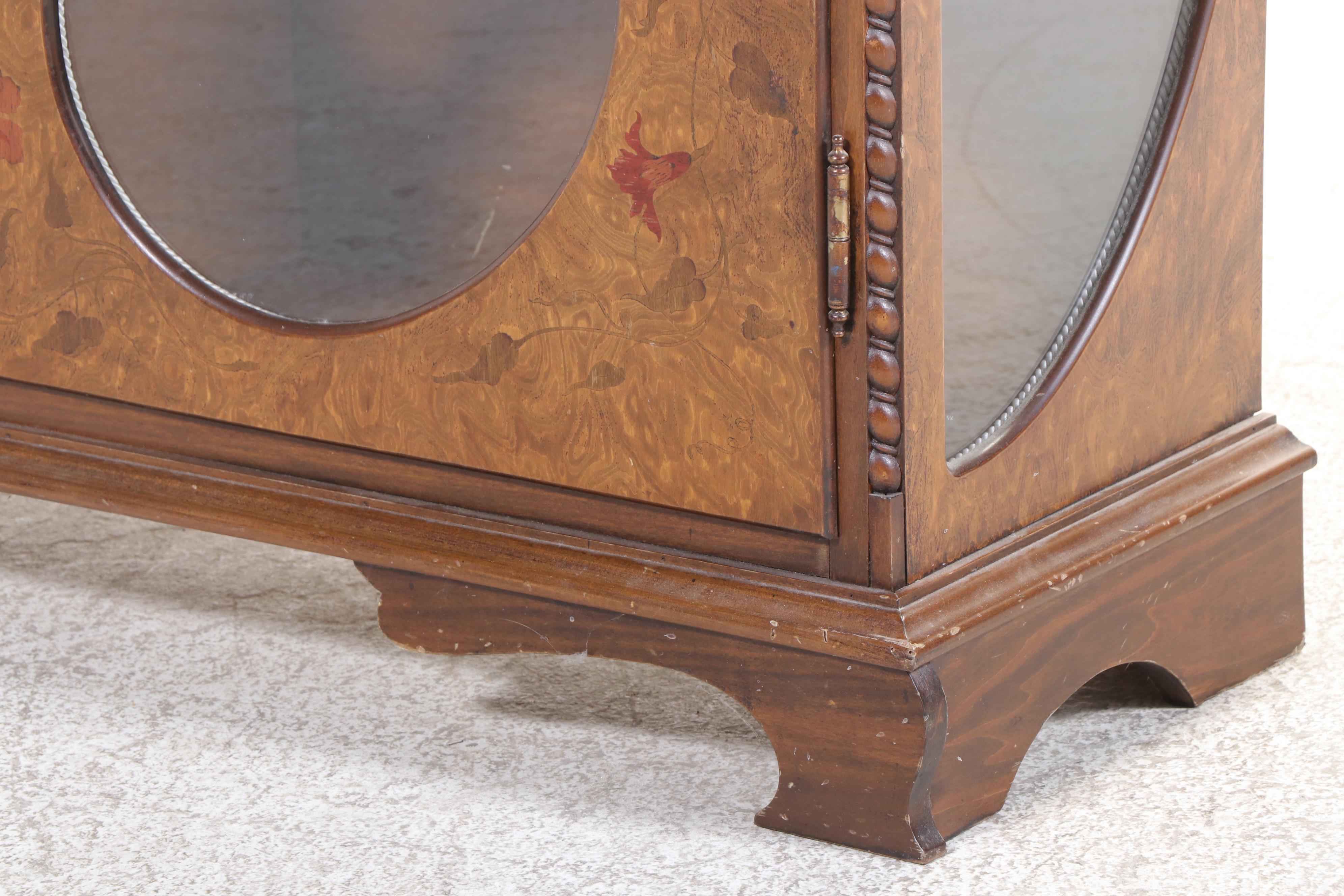 Art Nouveau Style Elm and Marquetry Display Cabinet, Late 20th Century