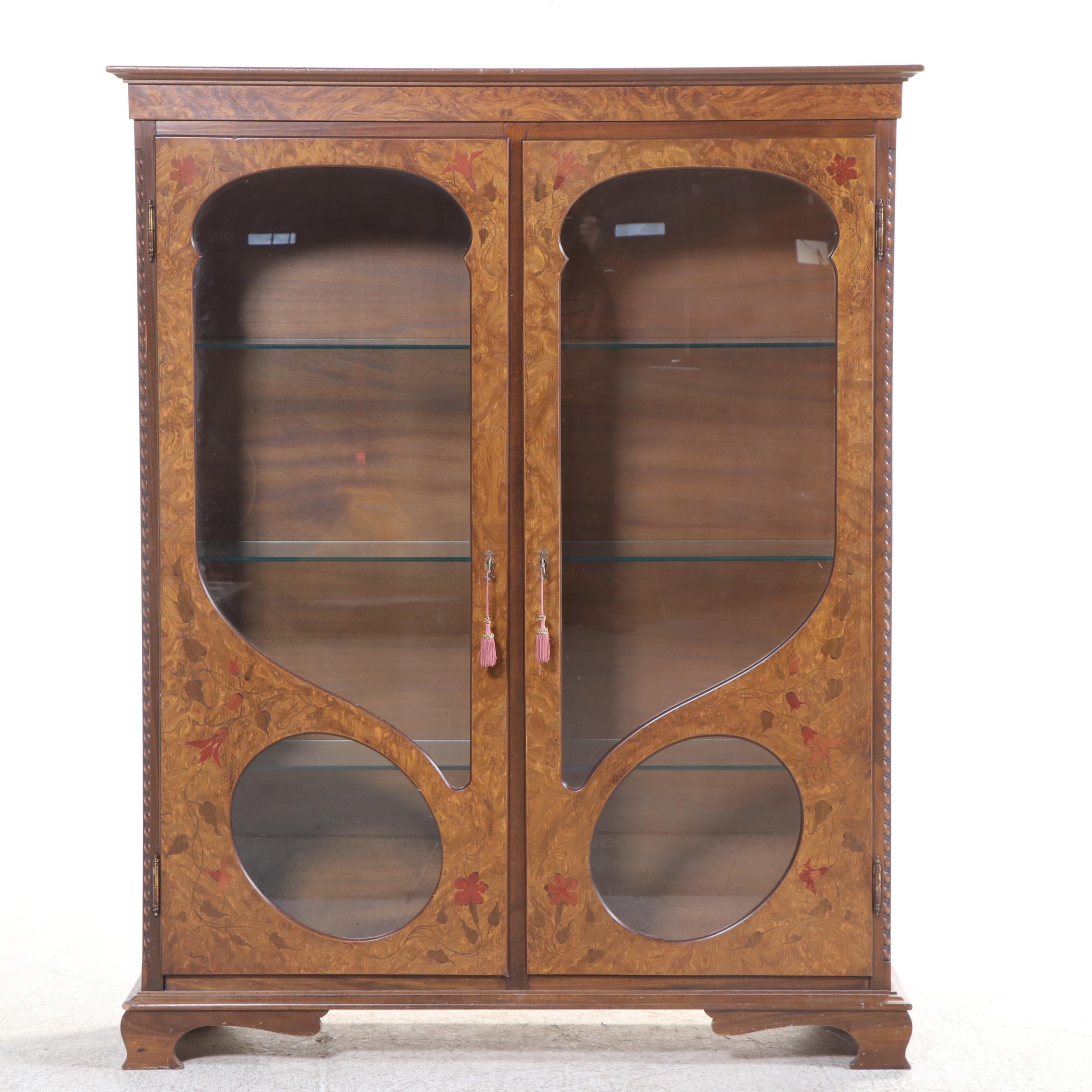 Art Nouveau Style Elm and Marquetry Display Cabinet, Late 20th Century