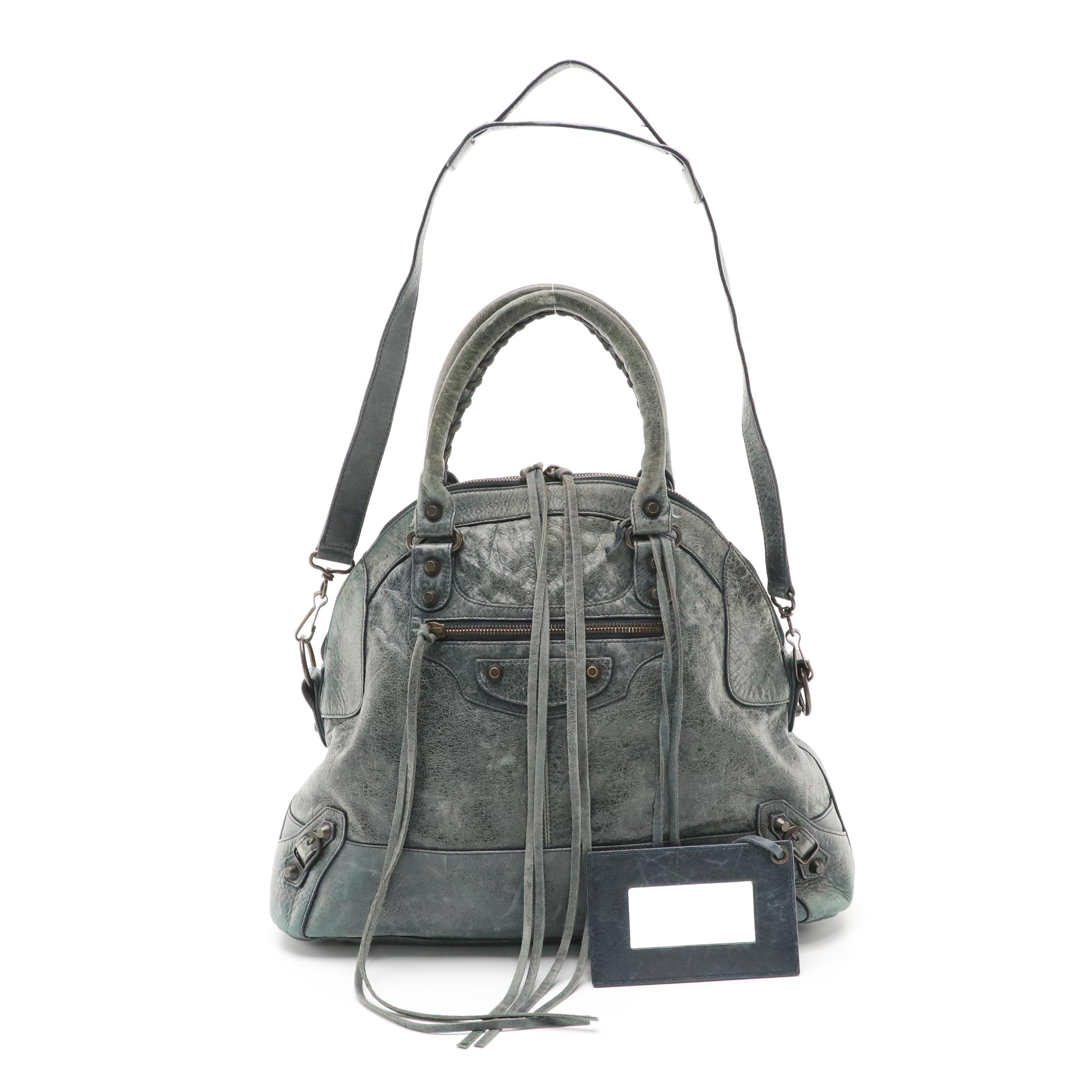 Balenciaga Two-Way City Bowling Bag in Grey Blue Distressed Agneau Leather