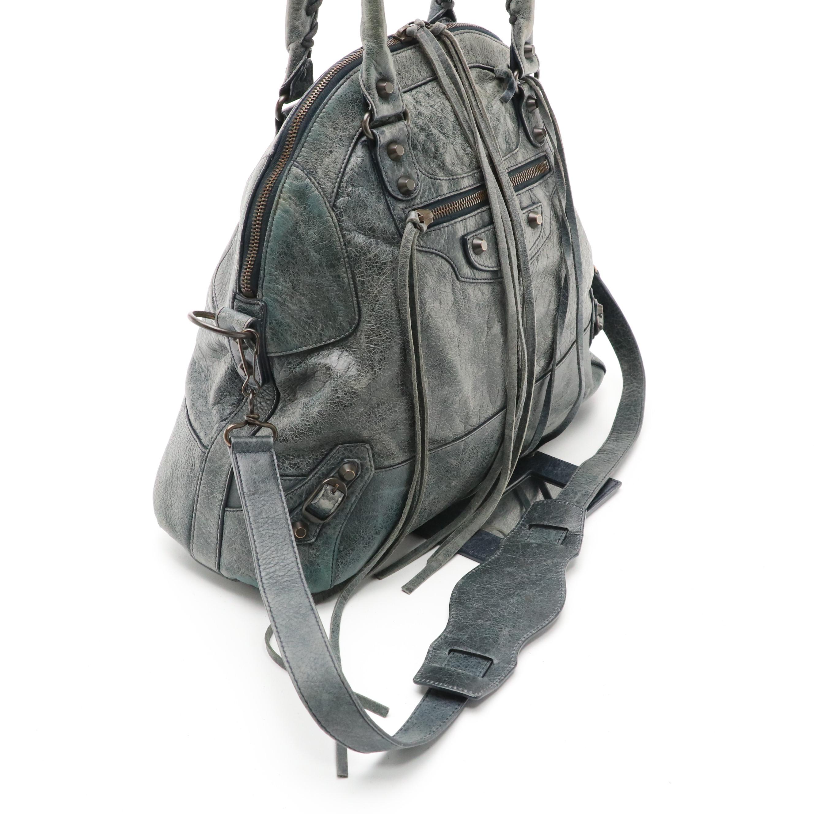Balenciaga Two-Way City Bowling Bag in Grey Blue Distressed Agneau Leather