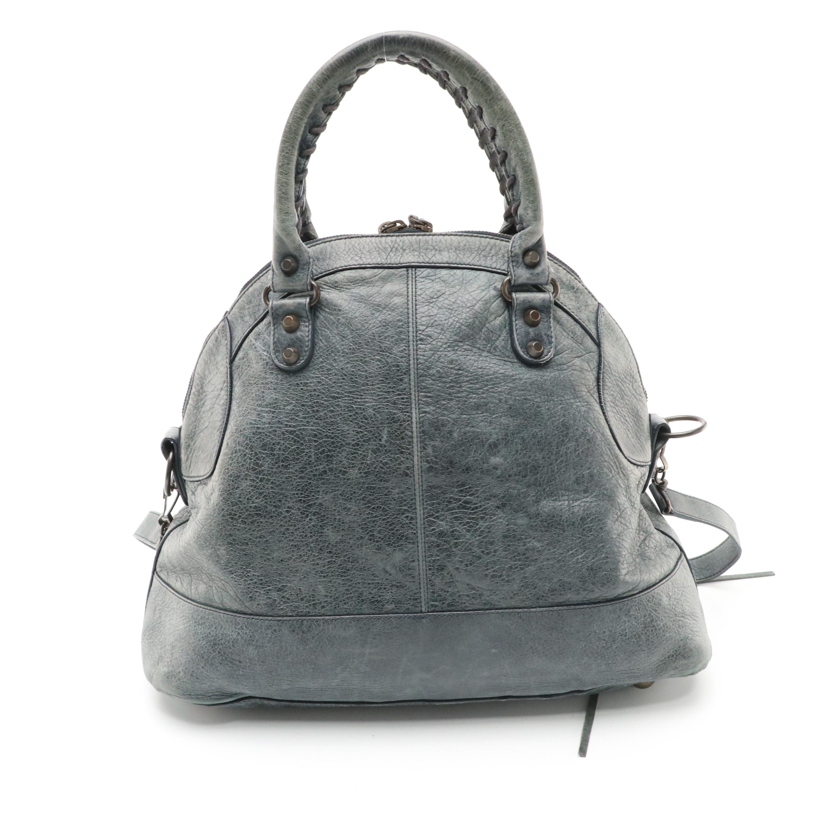 Balenciaga Two-Way City Bowling Bag in Grey Blue Distressed Agneau Leather
