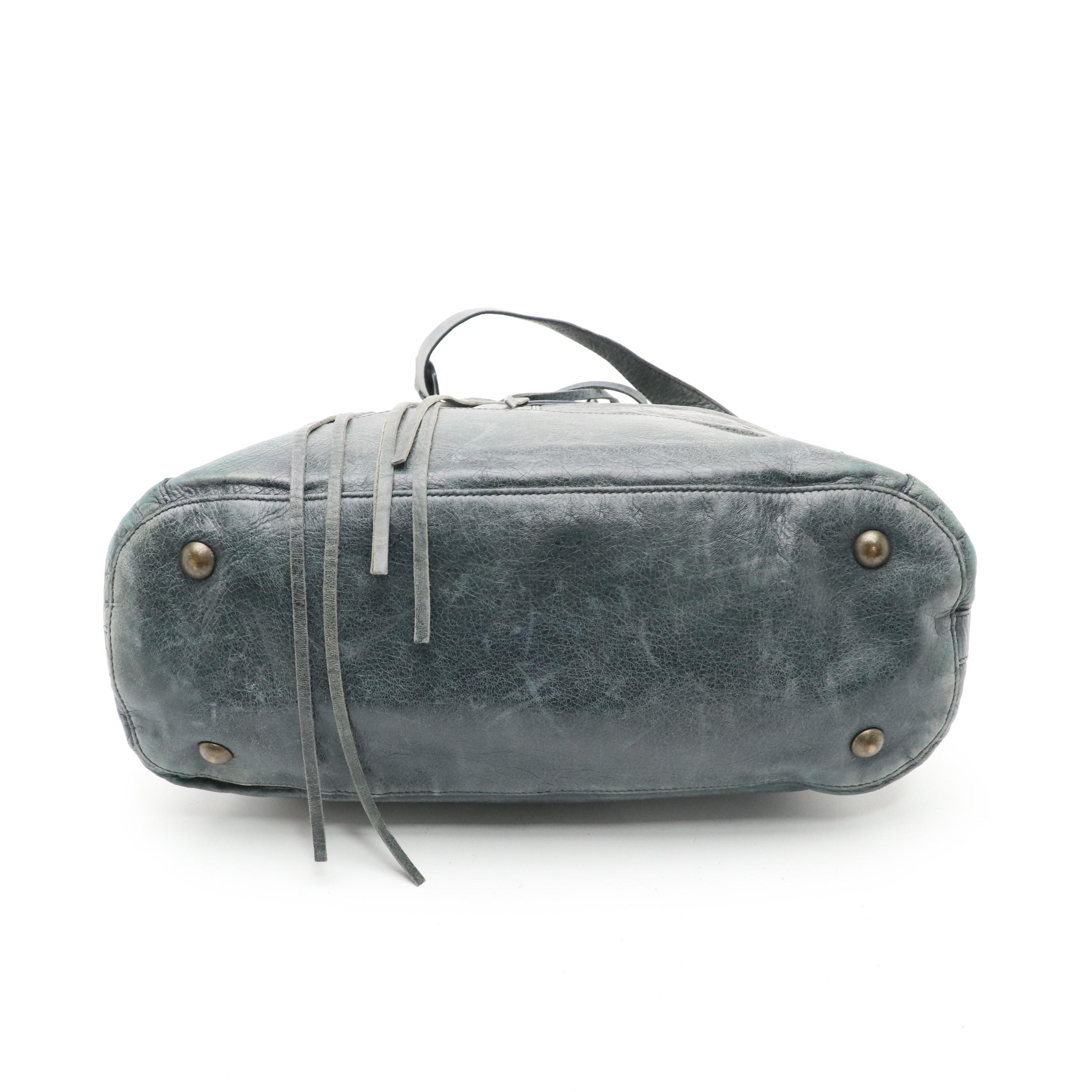 Balenciaga Two-Way City Bowling Bag in Grey Blue Distressed Agneau Leather