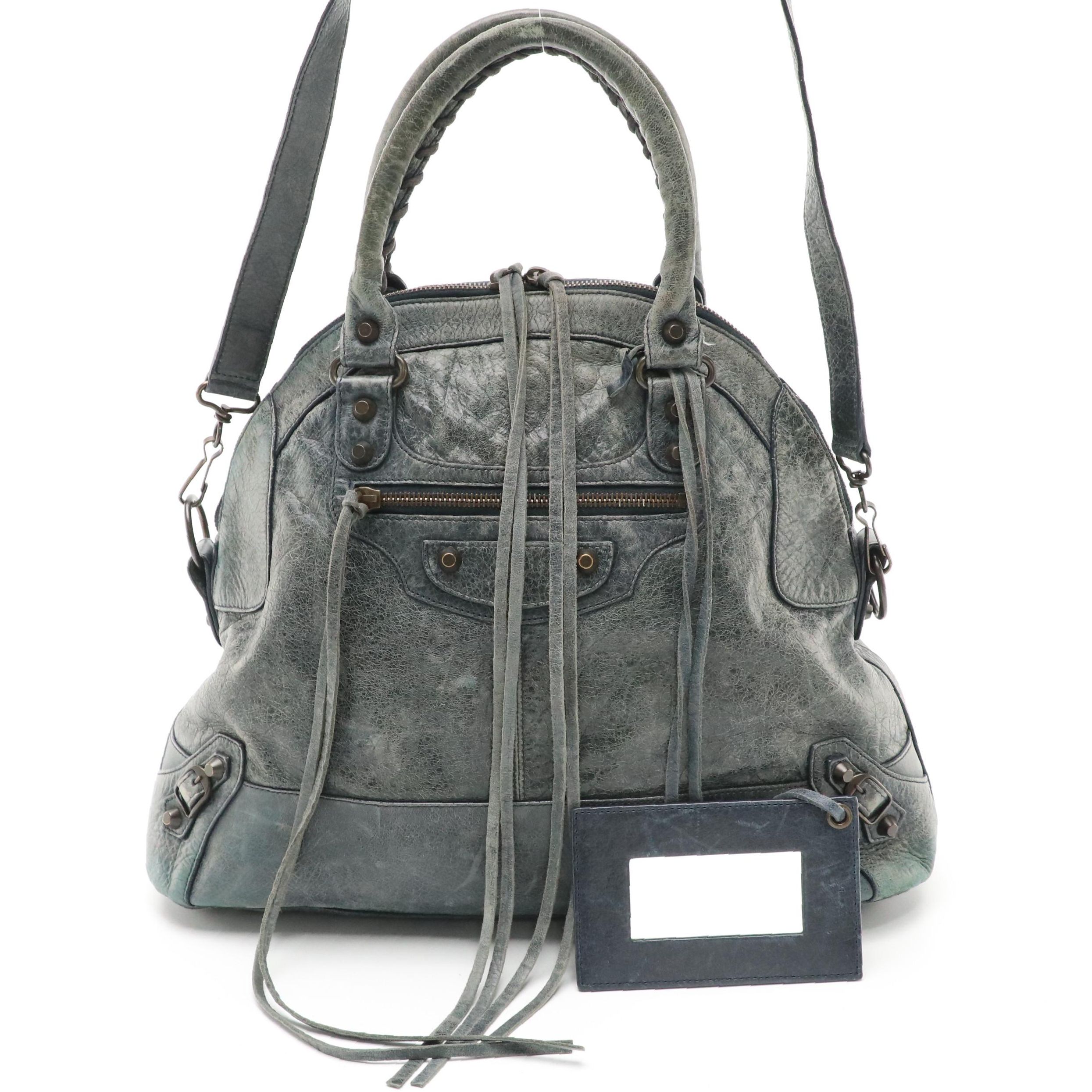 Balenciaga Two-Way City Bowling Bag in Grey Blue Distressed Agneau Leather