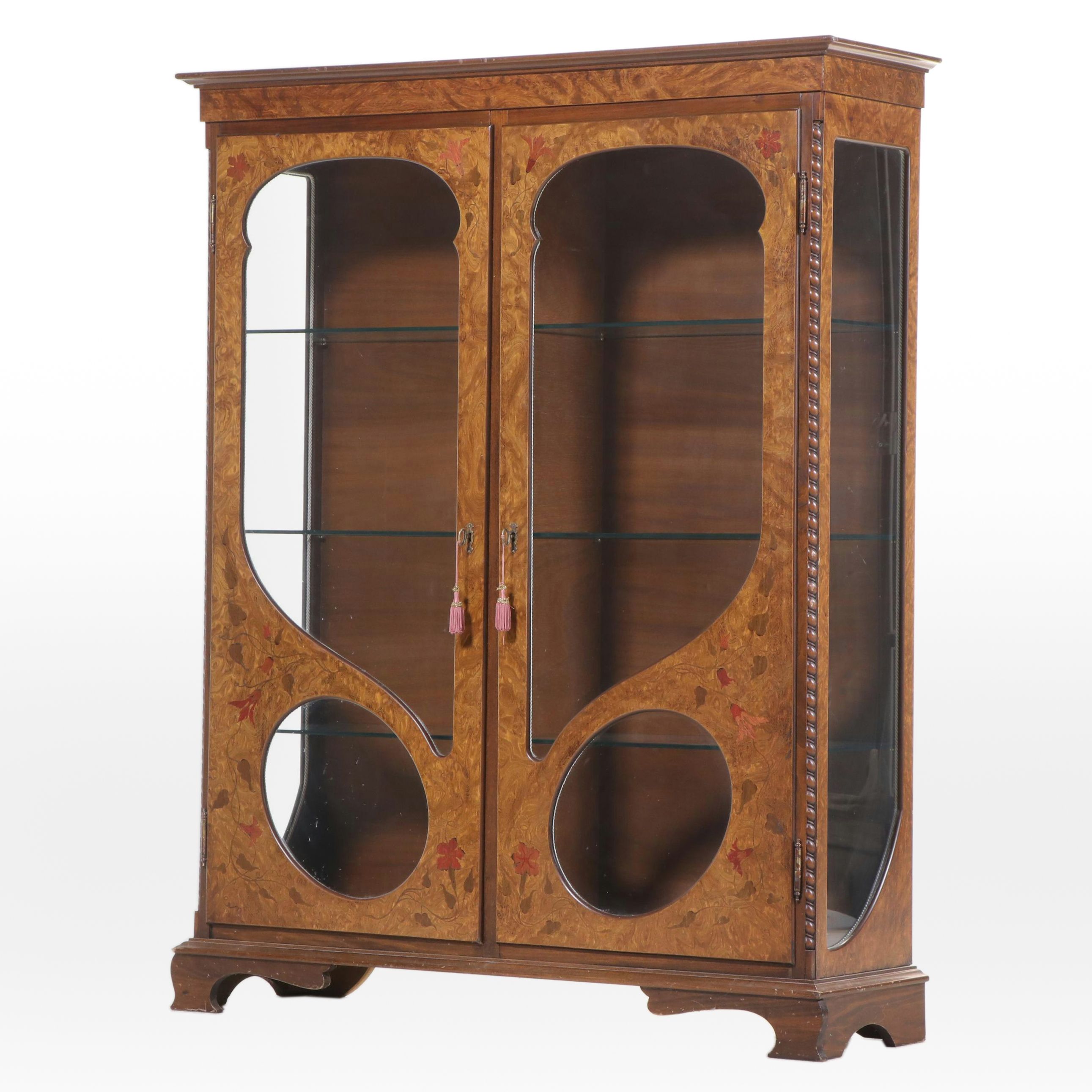 Art Nouveau Style Elm and Marquetry Display Cabinet, Late 20th Century