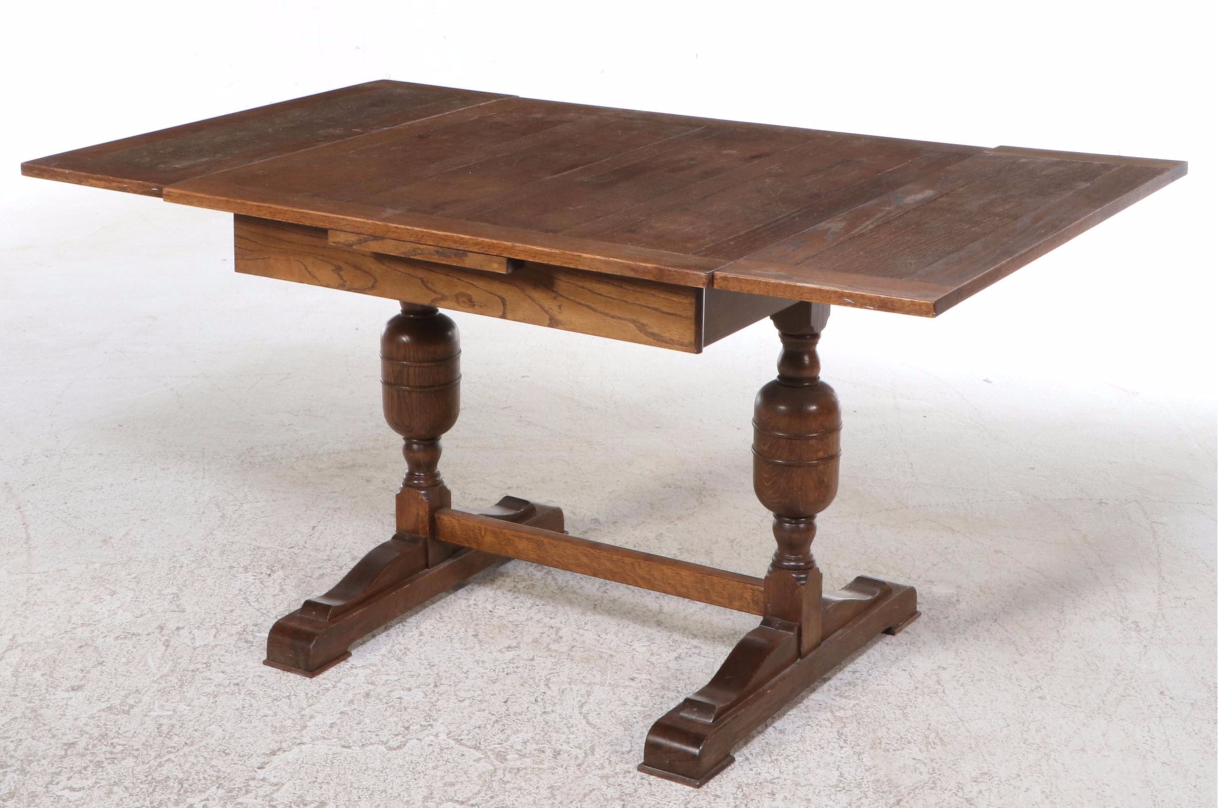 Jacobean Revival Oak Draw-Leaf Dining Table, Circa 1930