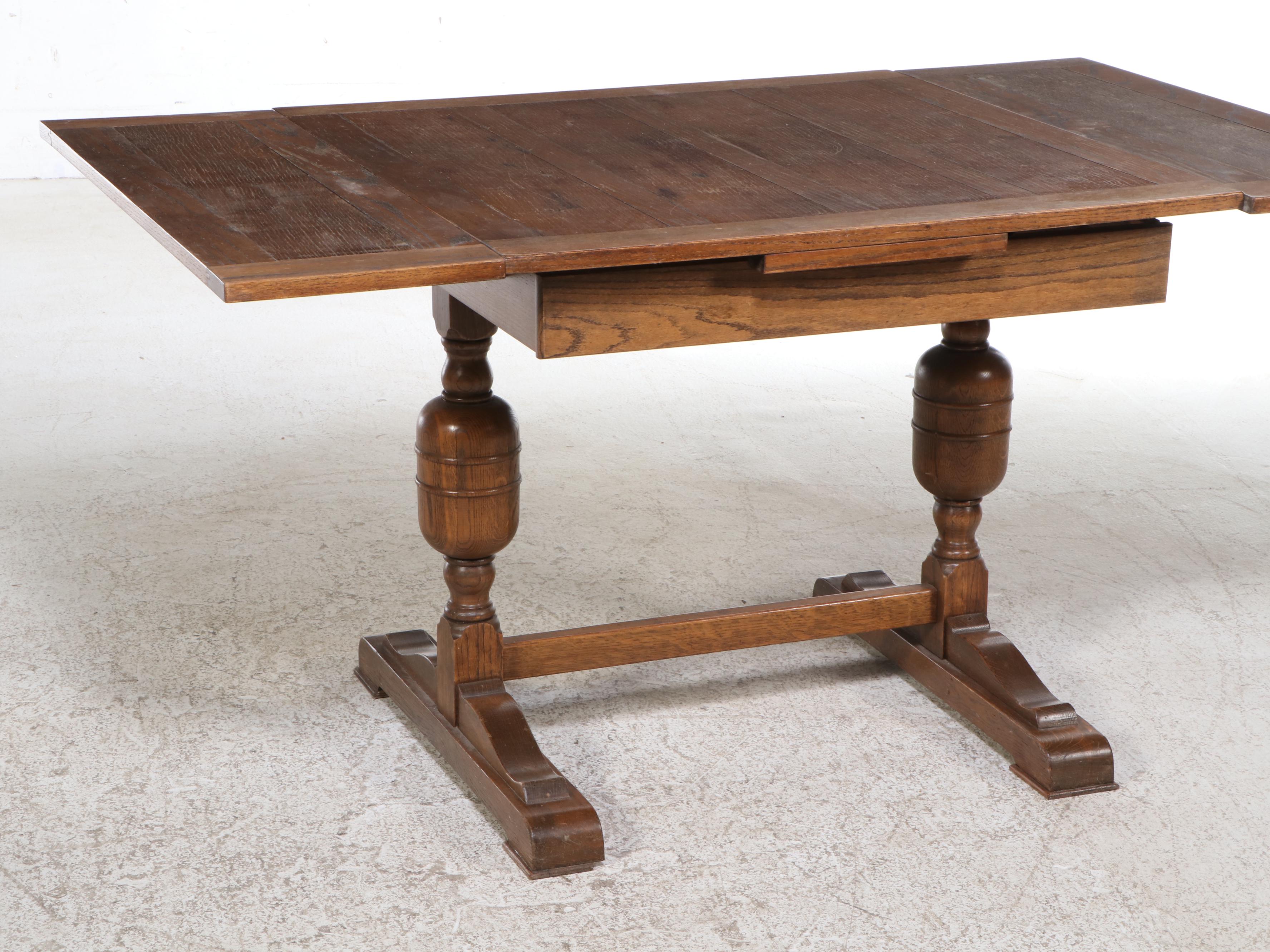 Jacobean Revival Oak Draw-Leaf Dining Table, Circa 1930