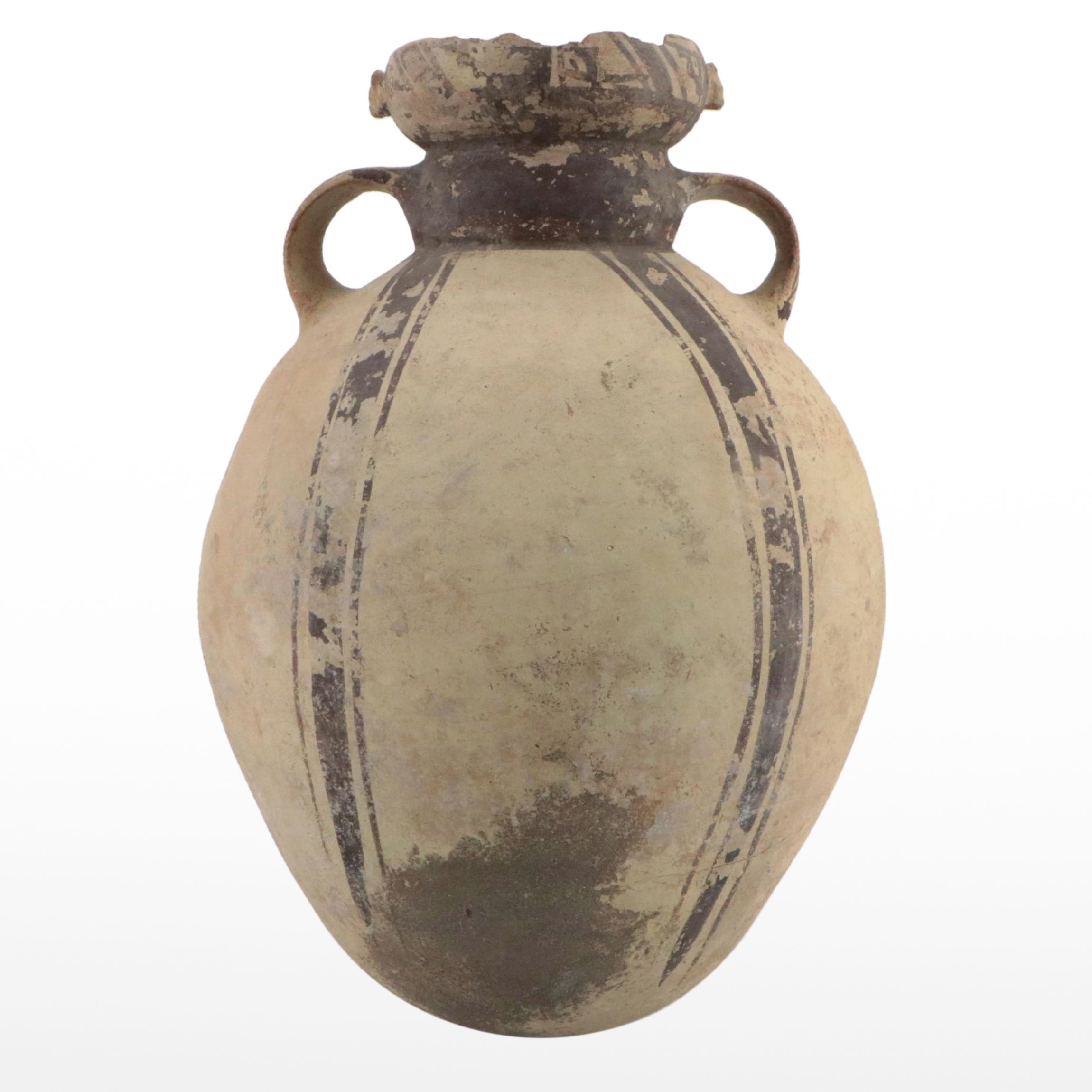 Pre-Columbian Peruvian Chancay Culture Brown on White Pottery Amphora
